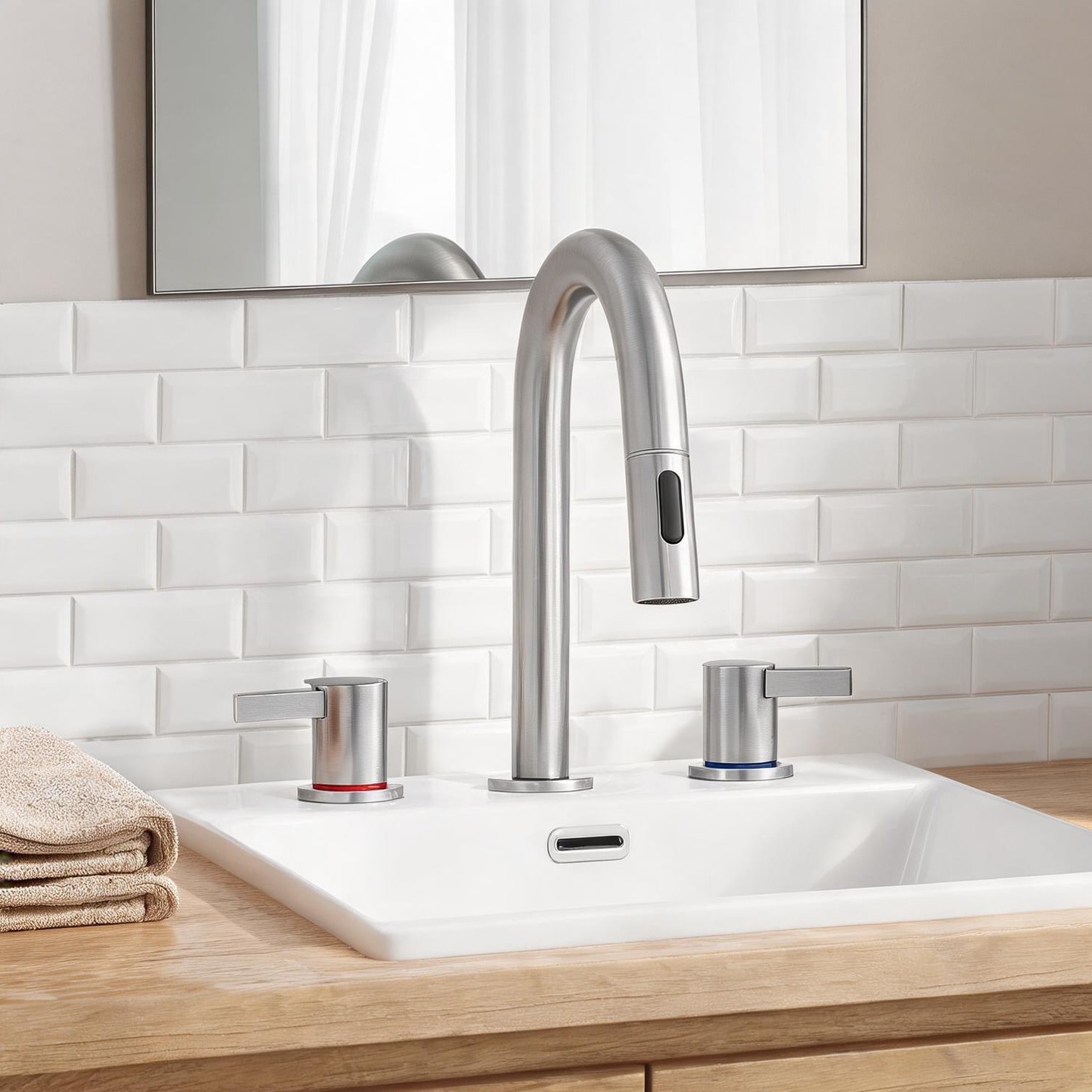 Naturefalls - Brushed Nickel Metal 8-Inch Widespread 2-Handle Modern Bathroom Sink Faucet for Bat...
