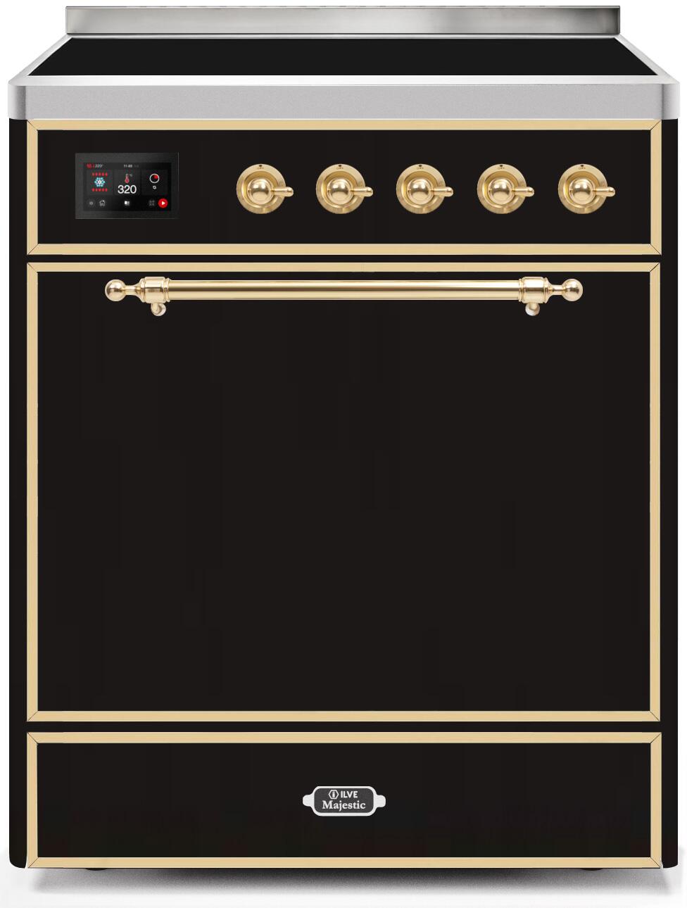 ILVE UMI30QNE3BKG Majestic 2 30-in 4 Elements 4-cu ft Convection Oven Freestanding Induction Range (Glossy Black/Brass Trim)