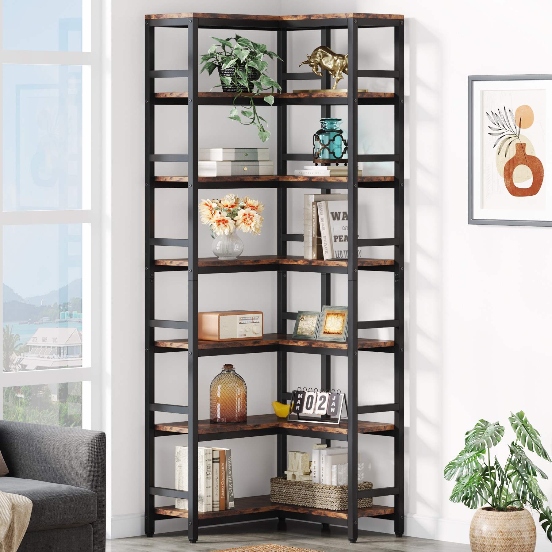 Tribesigns Brown/Black Metal 7-Shelf Corner Bookcase (23.62-in W x 78. ...