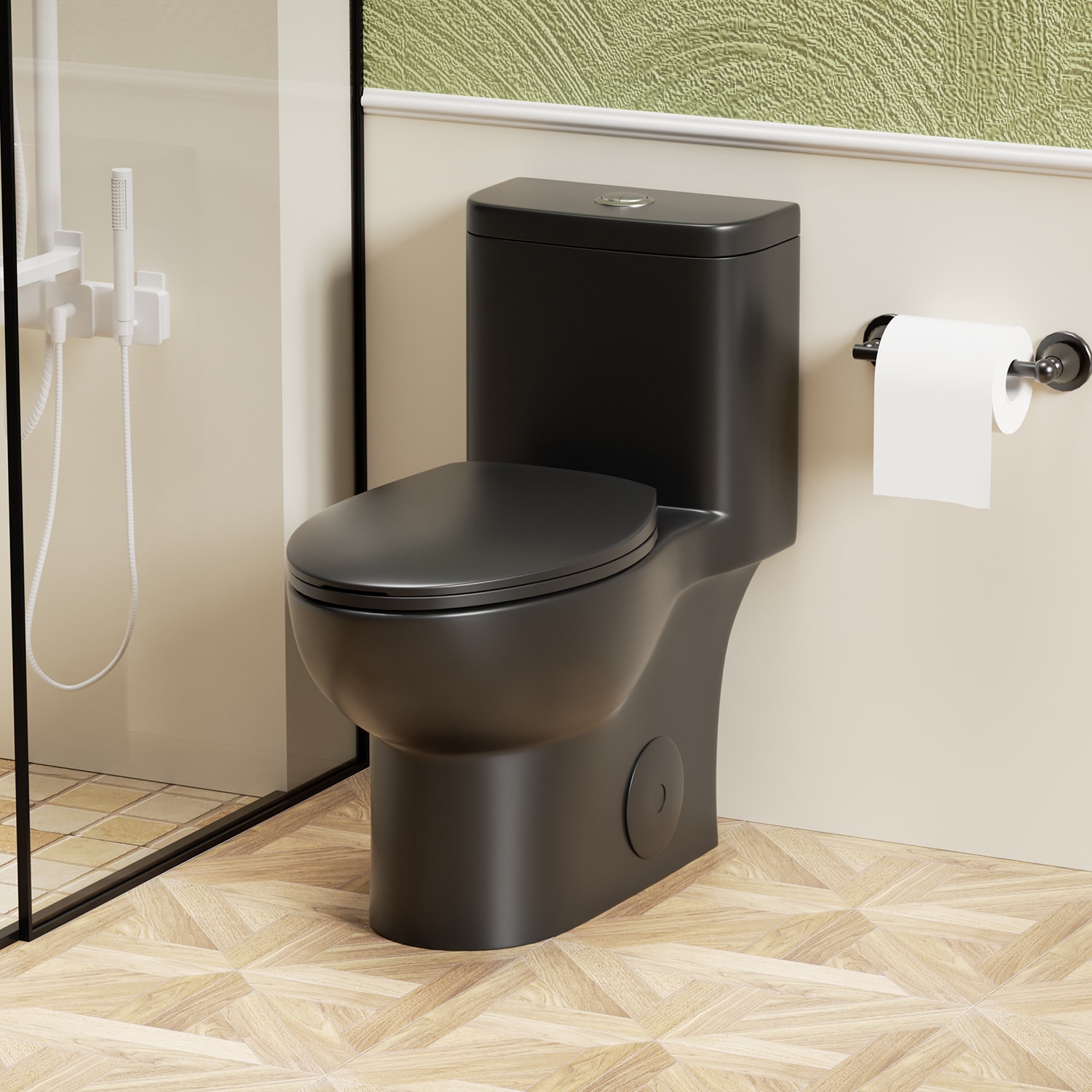 LOVMOR SF-WO-W3192P329227 Tornado Flush One Piece Toilet ADA 17 Quiet Dual Flush Siphonic 12 Rimless Soft Close Seat Matt Black
