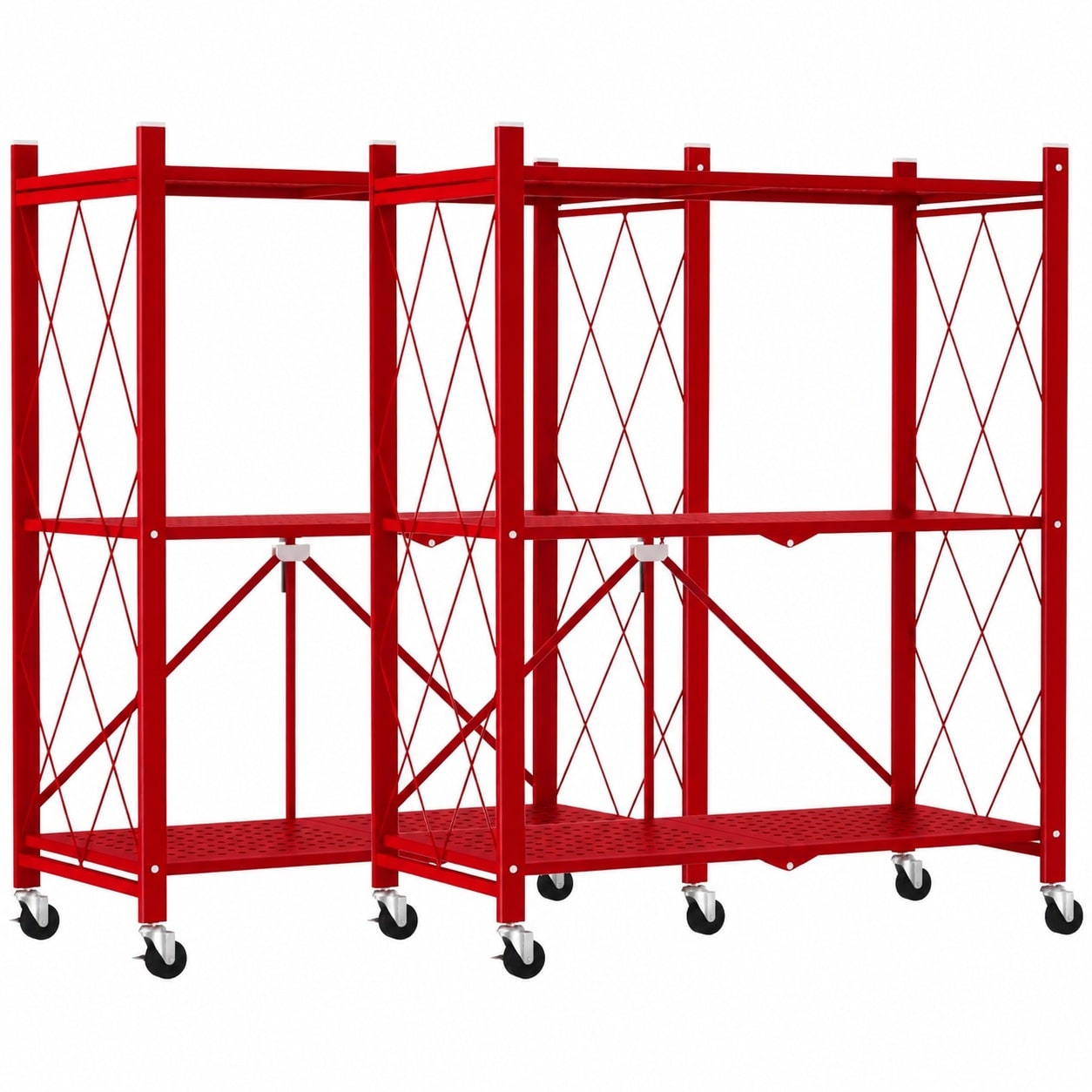 AKSCYZM  3 Tier Foldable Storage Shelves with Wheels Metal Wire Shelf Rack Rolling Cart for Kitchen Garage Basement Pantry Pack of 2 Red