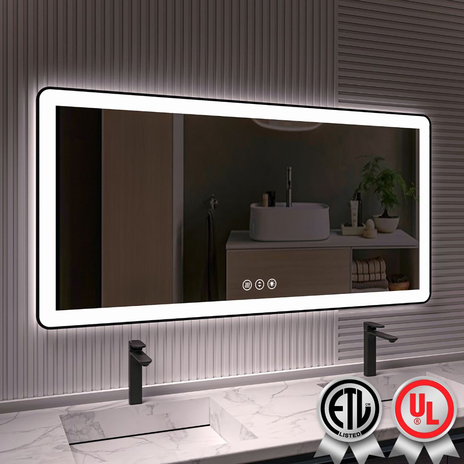 waterpar WPLO-2477 60-Inches x 30-Inches Polished Rectangle Dimmable Lighted Fog Free Bathroom Vanity Mirror ( Black )