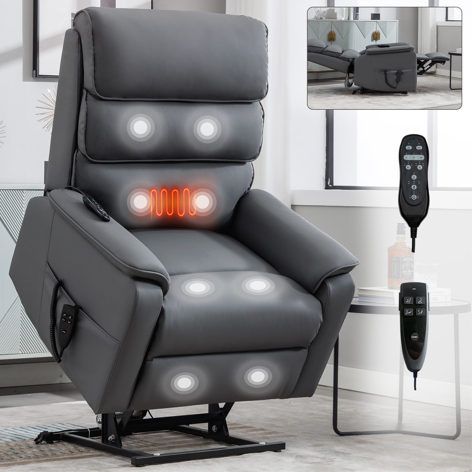 Mondawe MO-CO80062 Gray Faux leather Upholstered Powered Reclining Massage chair with Lift Assistance