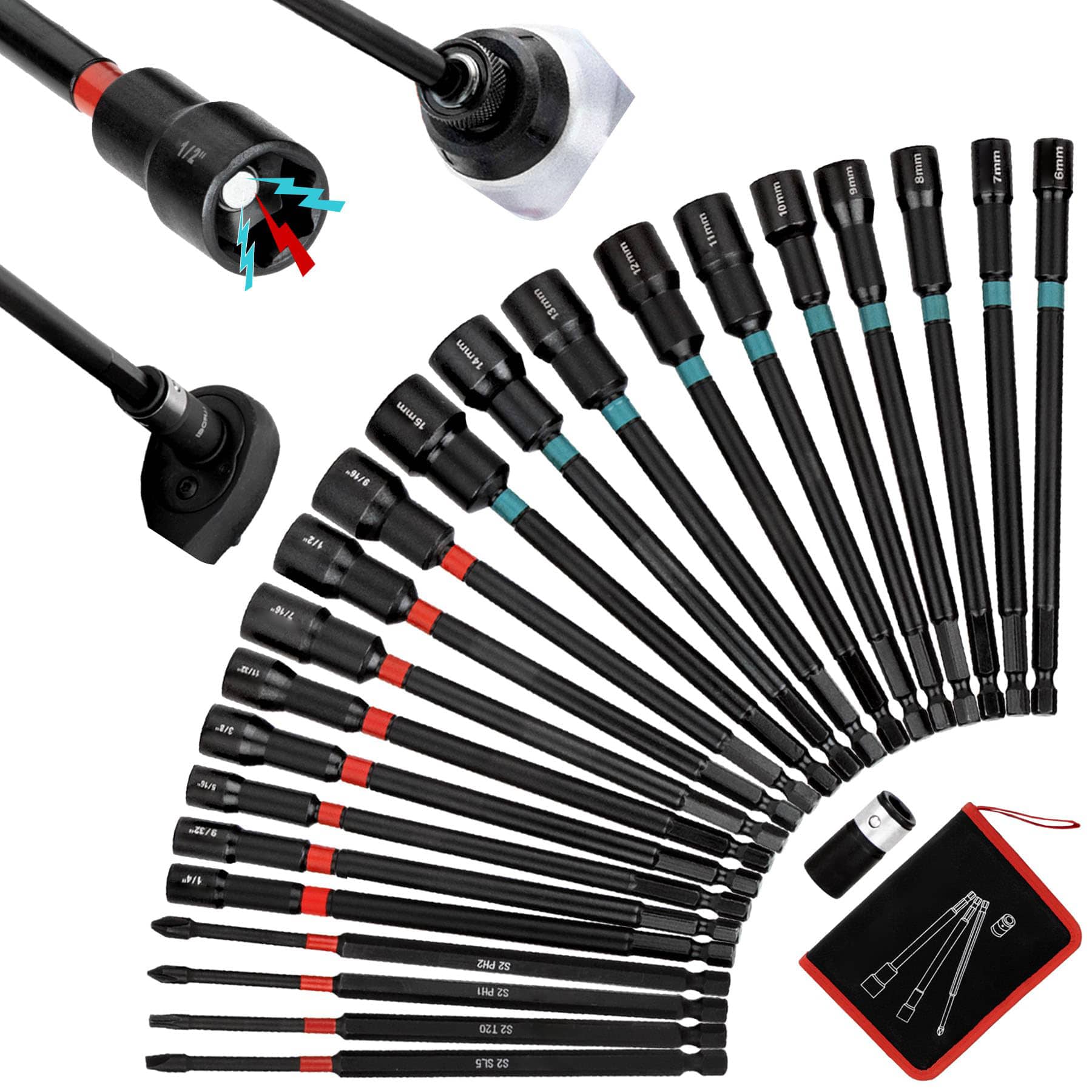 Etokfoks 23 Piece Magnetic Nut Driver Set 6 Inch Extra Long Cr-V Steel Metric 6mm to 15mm SAE 1/4 to 9/16 Hex Shank for Drill #LET0303N29