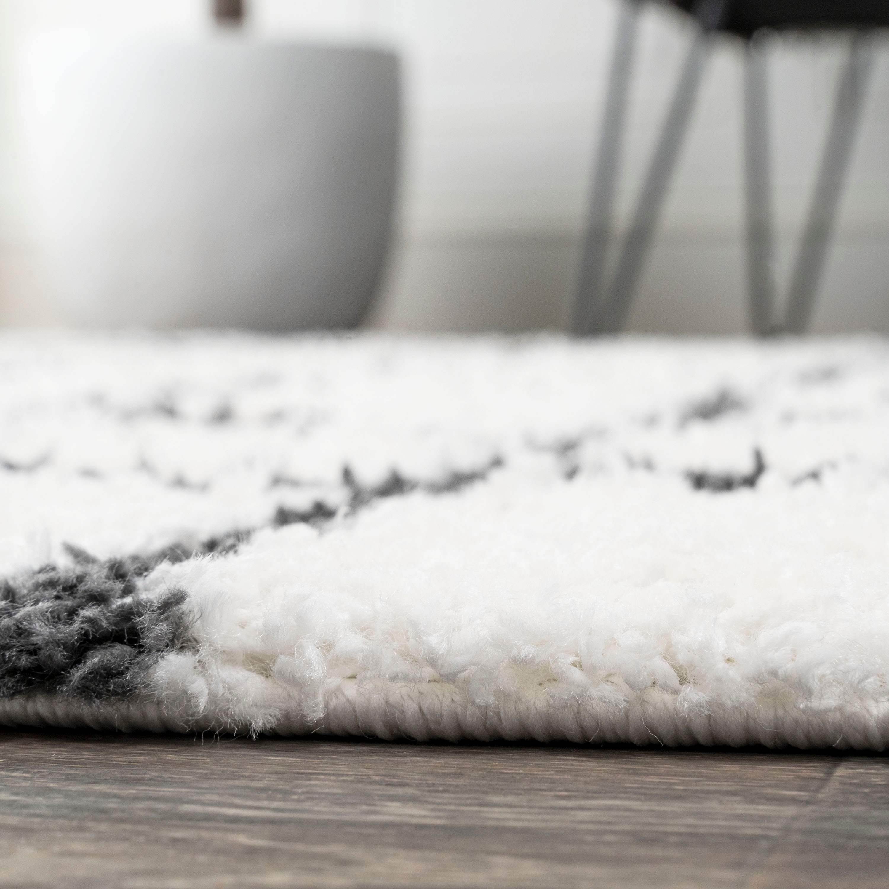 Ivory and Black Moroccan-Inspired Geometric Shag Rug