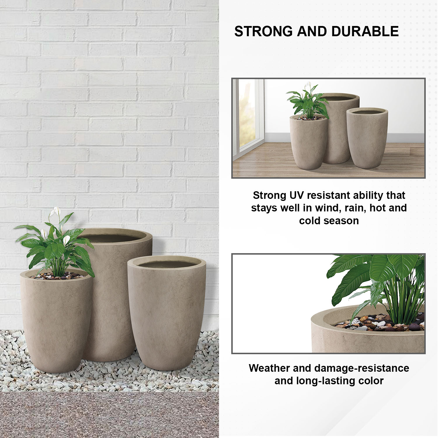 Weathered Gray Tall Round Concrete Planters Set of 3