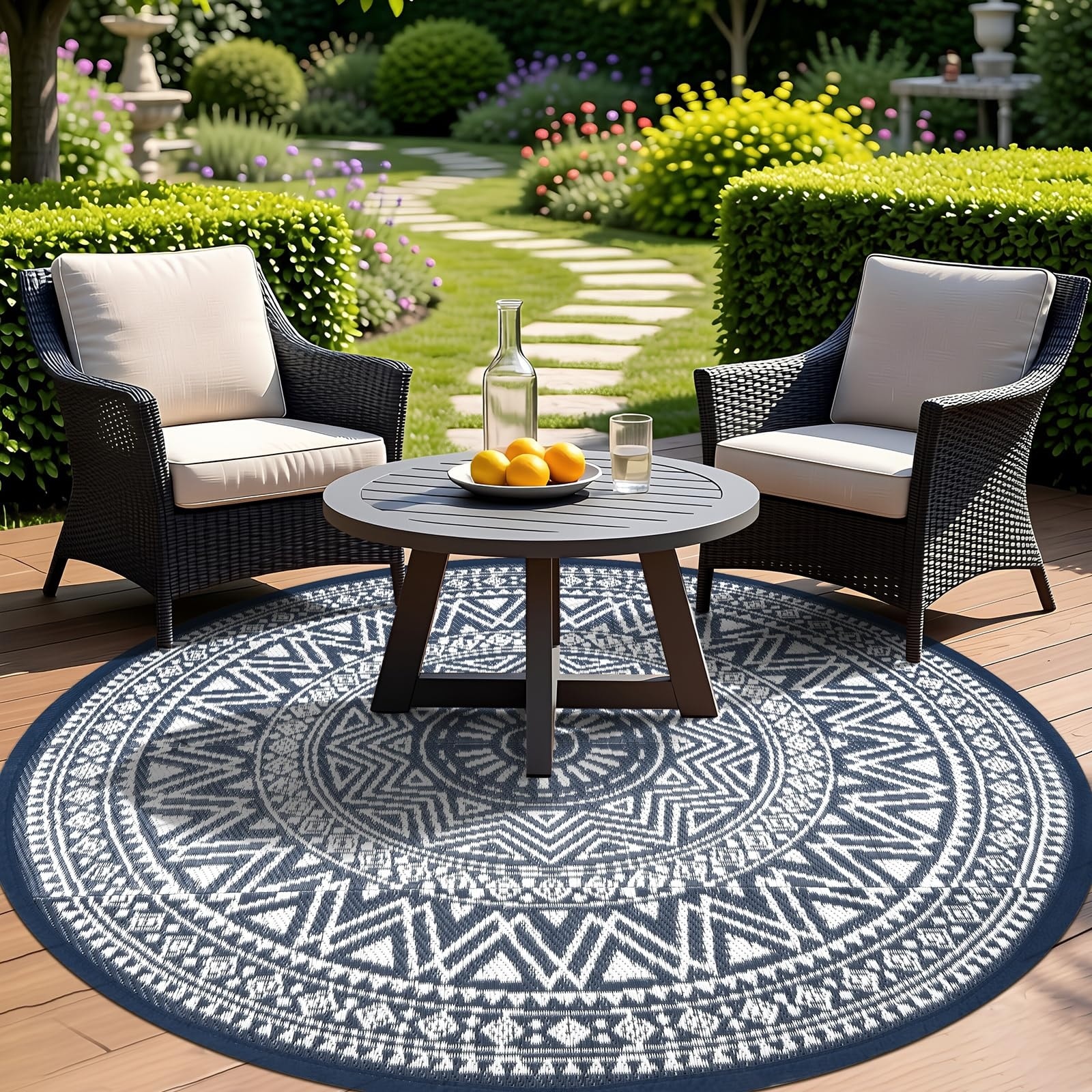 Vrbgify  1 Piece 6ft Reversible Outdoor Patio Rug Eco Friendly Polypropylene Waterproof UV Resistant Boho Area Mat for Deck Porch Balcony Beach Blue White