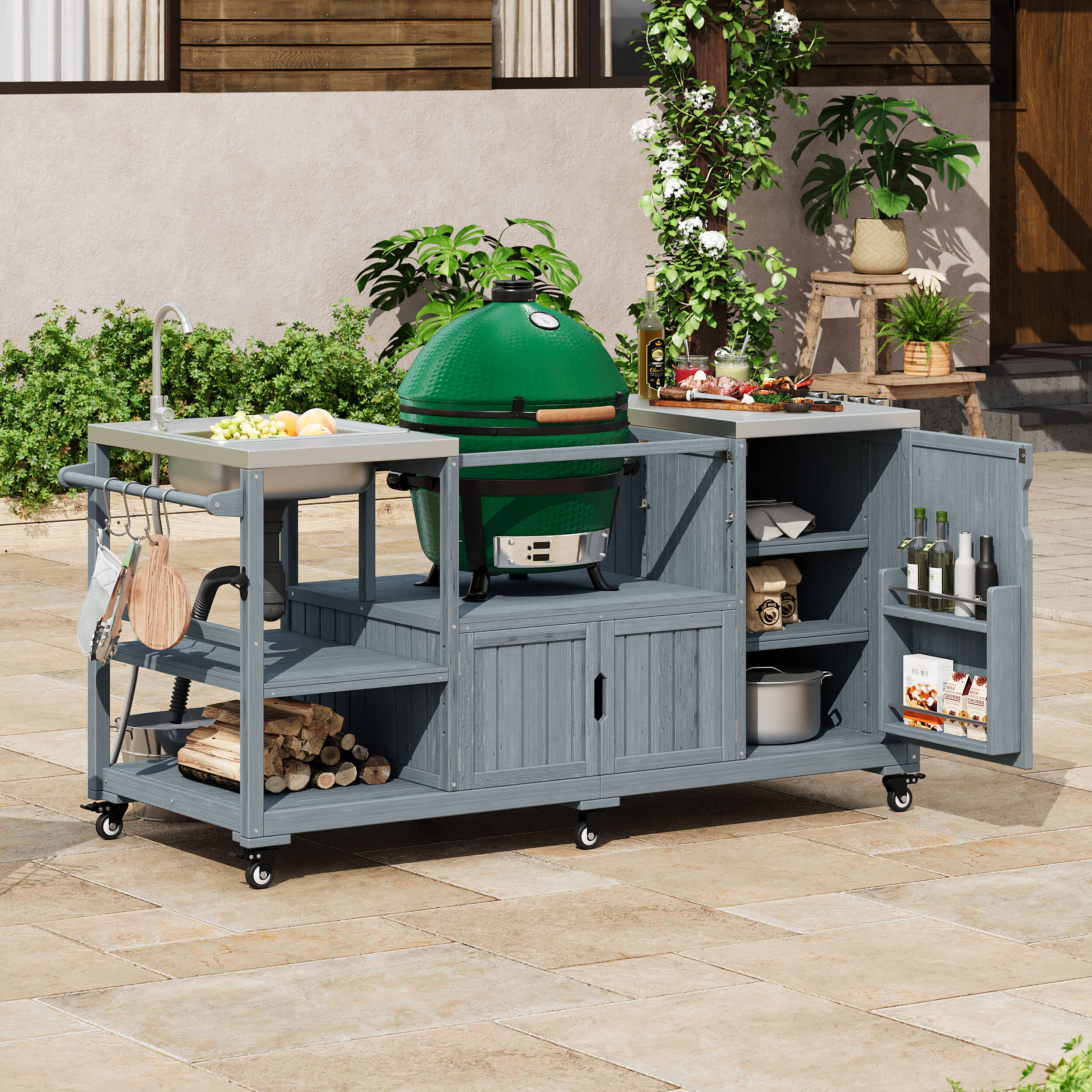 ModernLuxe 75.4inch Outdoor Kitchen Island with Sink Solid Wood Outdoor Grill Cart for Big Green Egg Grills Rolling Outdoor Bar Cart with Stainless Steel Top for Pizza Prep BBQ Grey Blue #L3P-N707S000022G
