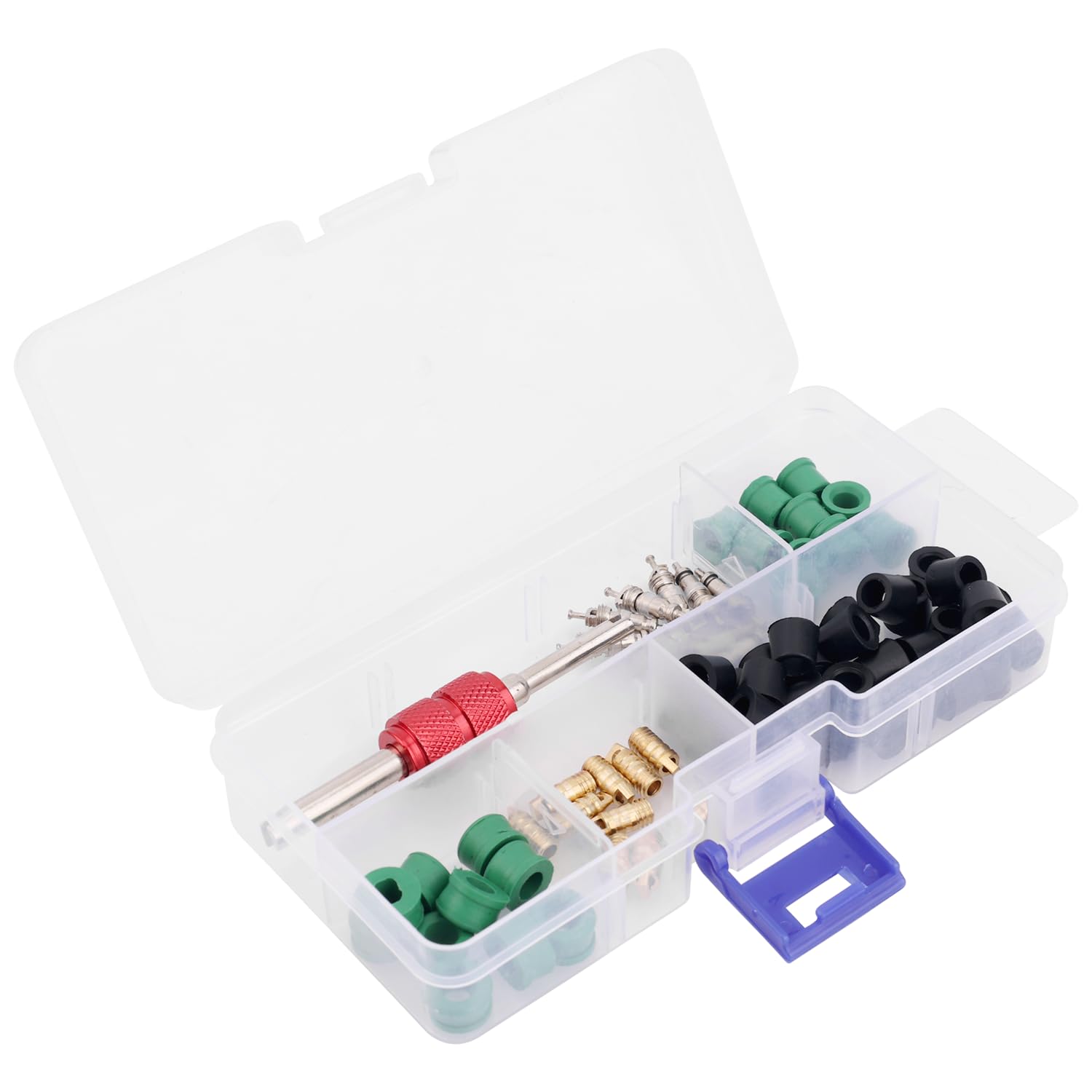 Adrinfly  71pcs Car AC Repair Kit Air Conditioning Line Repair Tools with Valve Core Hose Gasket Valves Disassembly Tool Storage Box for Cars