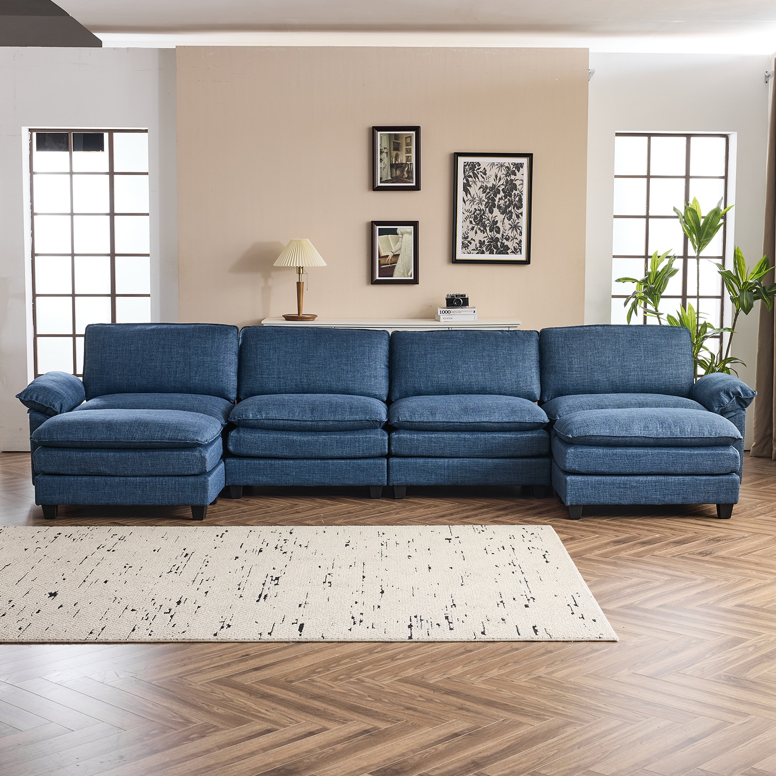 Outopee LO1G98000299X2+30+31 155.51-in W Modern Blue 4-seater Sectional with Slipcover