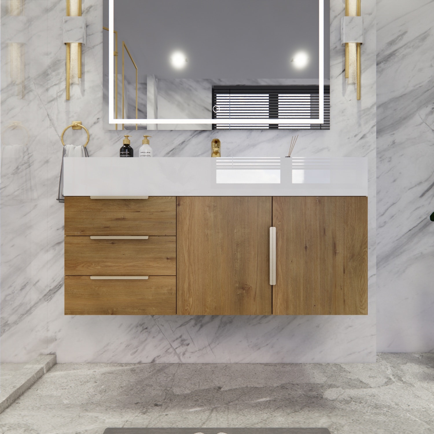 BV Better Vanity BT001-42LTO Bethany 42-in Oak / Left Side Drawers Single sink Floating Bathroom Vanity with White Acrylic Top