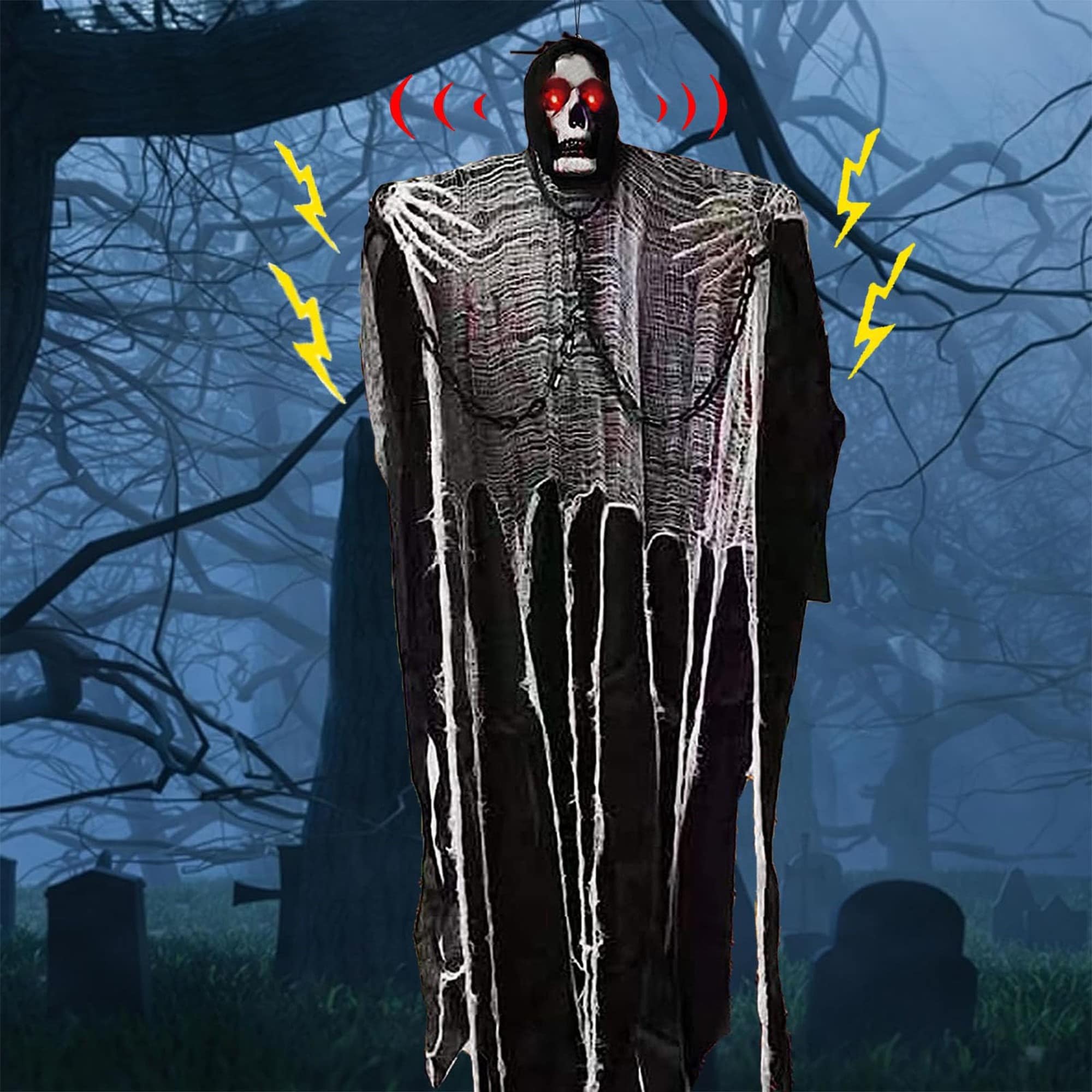 Angel Sar 71 Inch Life Size Black Ghost Skeleton Grim Reaper with Light Up Eyes Sound Adjustable Arms for Indoor Outdoor Tree Yard Lawn