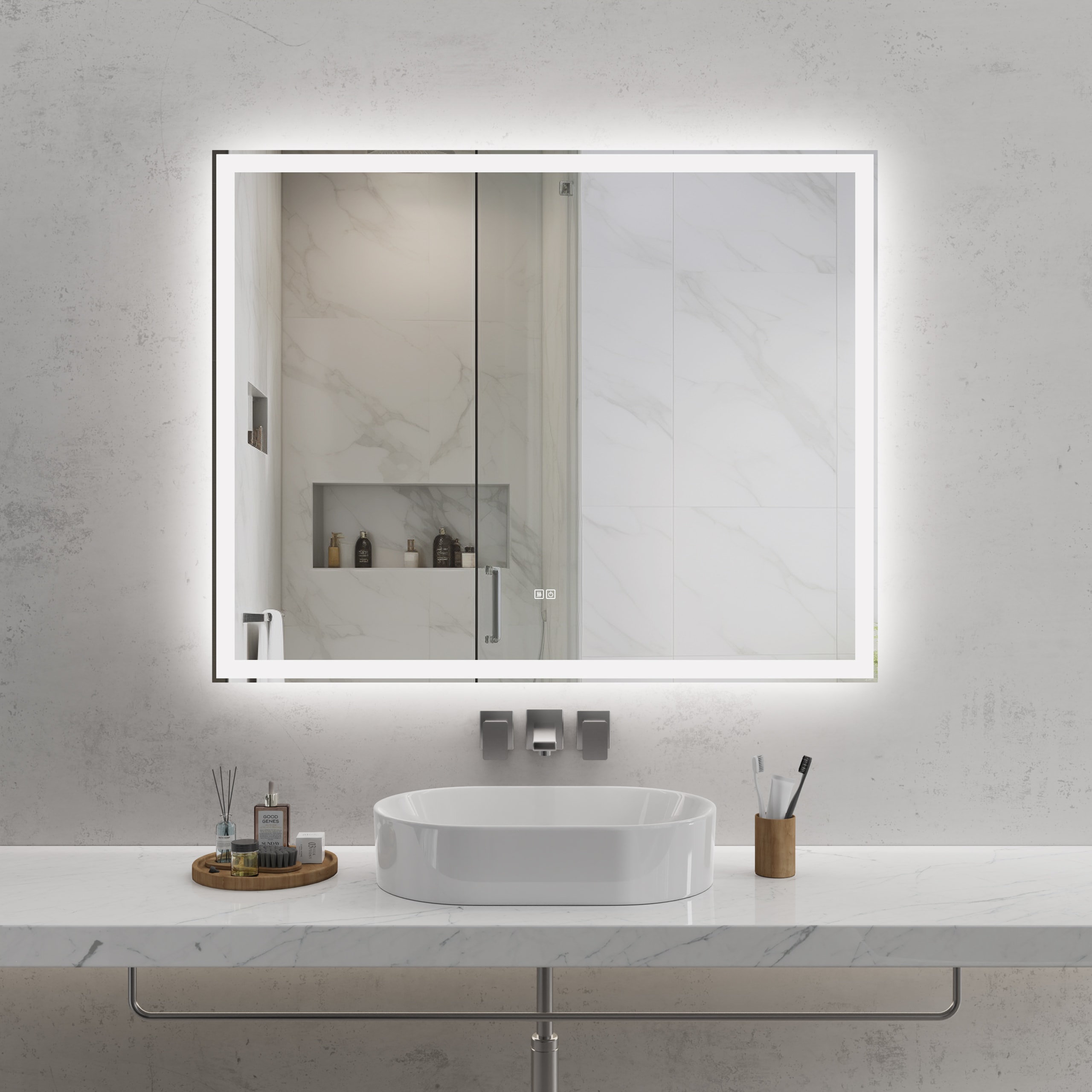 WELLFOR GIS3177P284027 50-in x 40-in Engraved Rectangle Dimmable LED Lighted Fog Free Bathroom Vanity Mirror ( Silver )