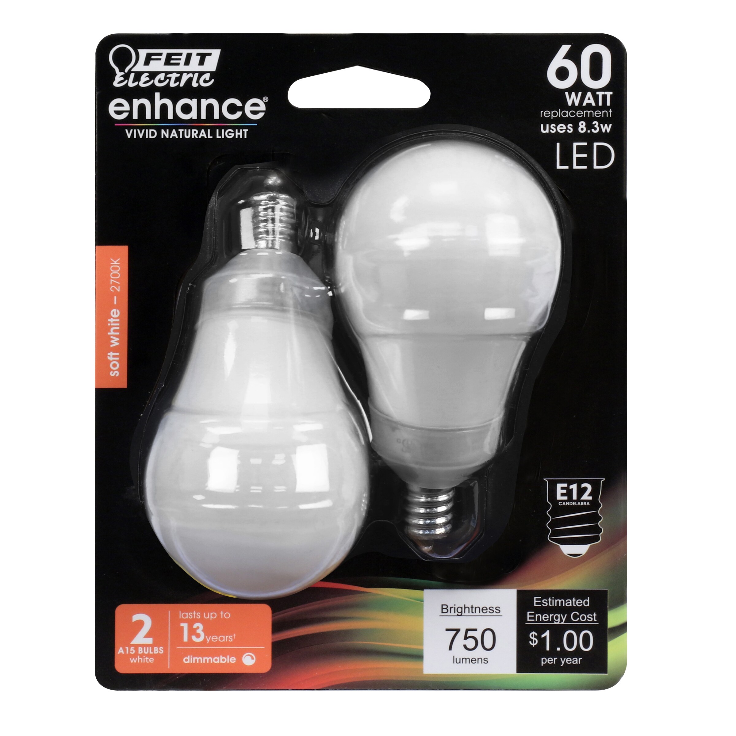 Feit Electric BPA1560C/927CA/2 Enhance LED 60 -Watt EQ A15 Soft white Candelabra base (E-12) Dimmable LED Decorative Light Bulb 2 -Pack