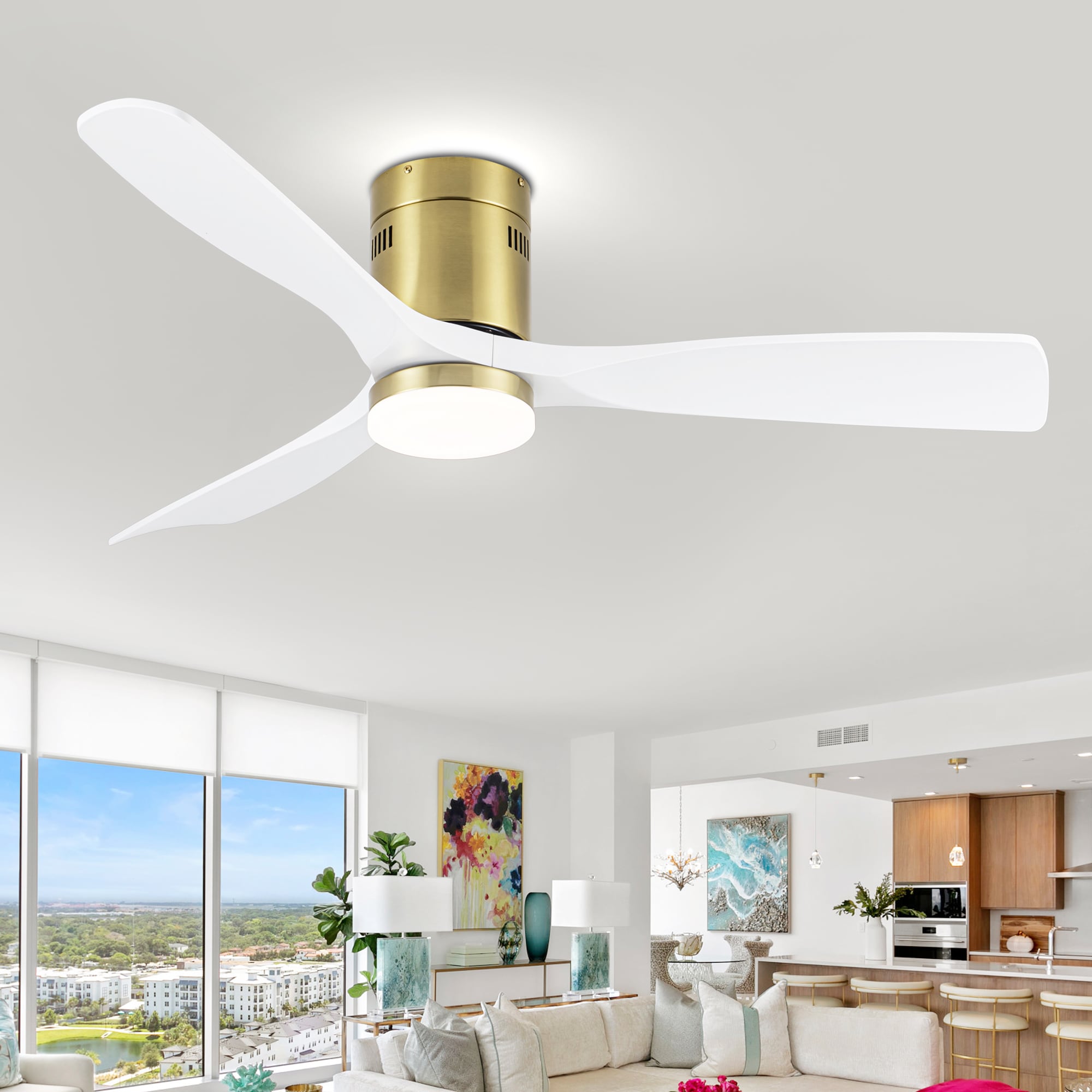 Breezary 30004-WH 52-in Integrated LED Flush Mount Gold with ABS Blades Propeller Ceiling Fan With Light - Remote Included ( 3 -Blade )
