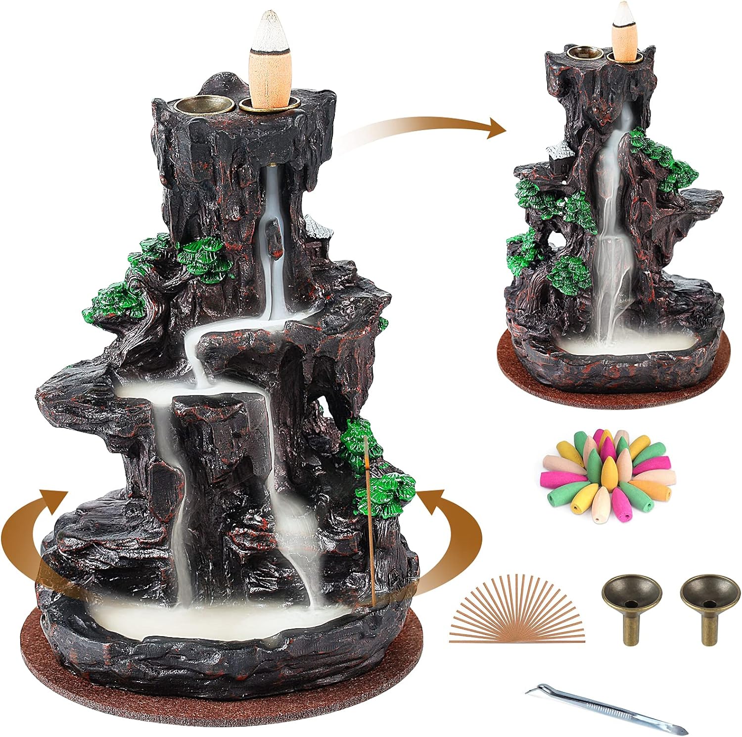 SPACELEAD Incense Burner Backflow Incense Holder 2 Sides Waterfall Incense Burnier with 120 Backflow Incense Cones 30 Incense Sticks Aromatcherapy Ornamen for Home