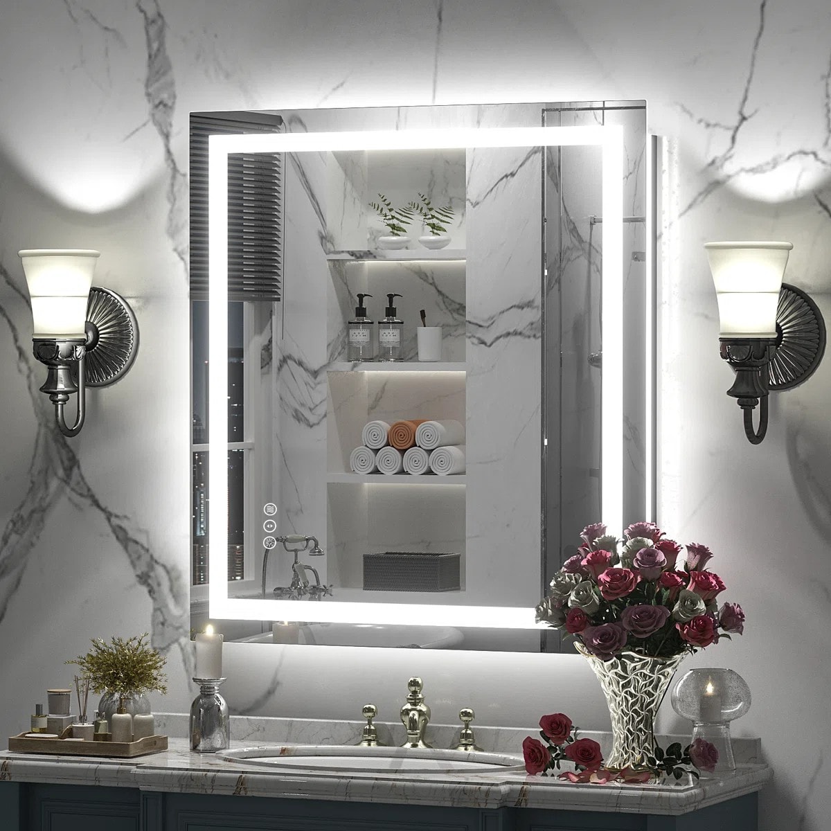 Blisstyle - PREMIUM 32-in x 28-in Polished Frameless Rectangle Dimmable LED Lighted Fog Free Bath...