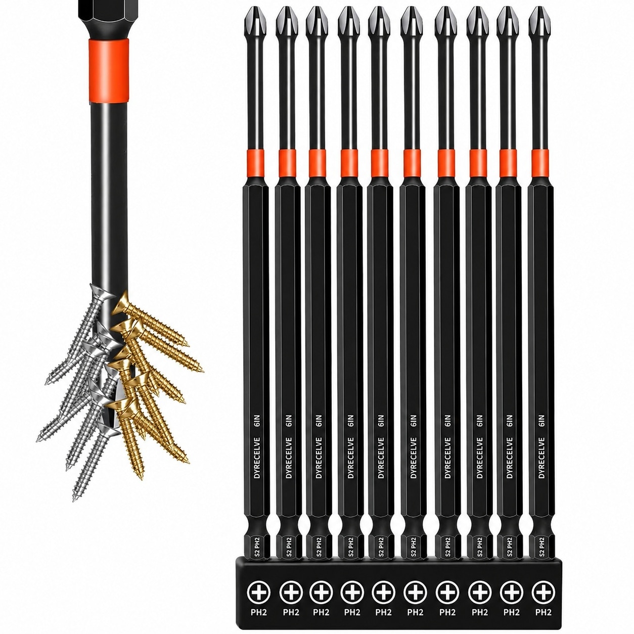 Etokfoks  S2 Alloy Steel Phillips Drill Bit Set 10 Piece 6 in Long PH2 Magnetic Hex Shank for Impact Drivers