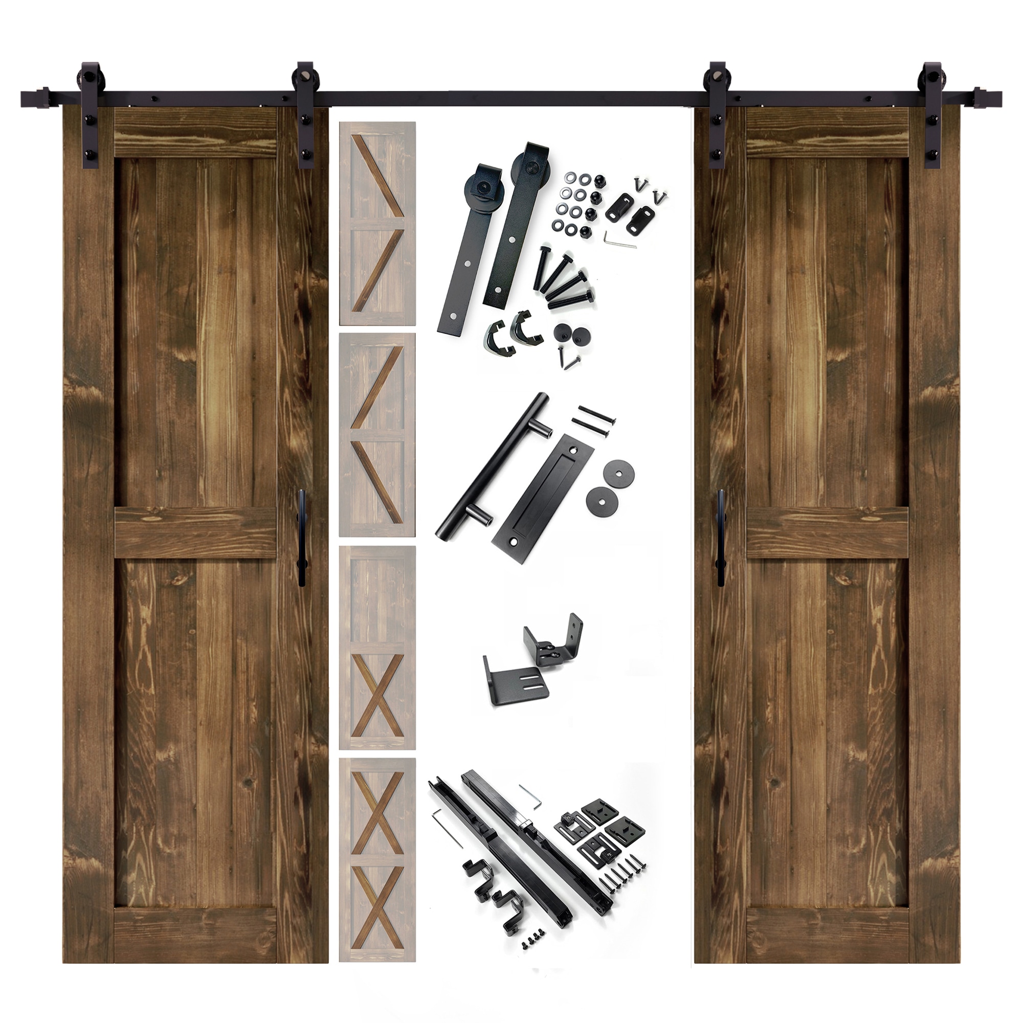 HOMACER YT2TGH096C-2280F-WA 22-in x 80-in Walnut Pine Wood Solid core Double Barn Door (Hardware Included)