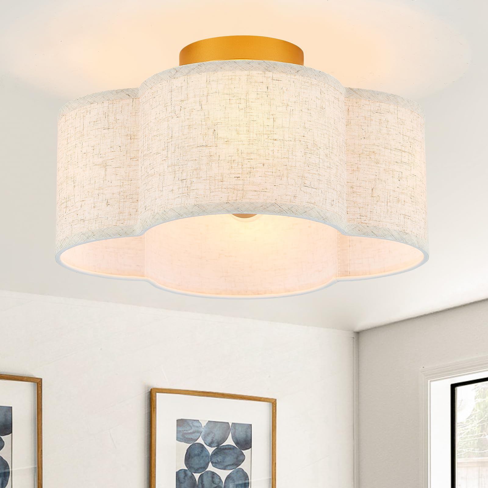 Adrinfly  Semi Flush Mount Ceiling Light Fixture 4 Light Modern Linen Shade Gold Finish for Bedroom Hallway Nursery Entryway