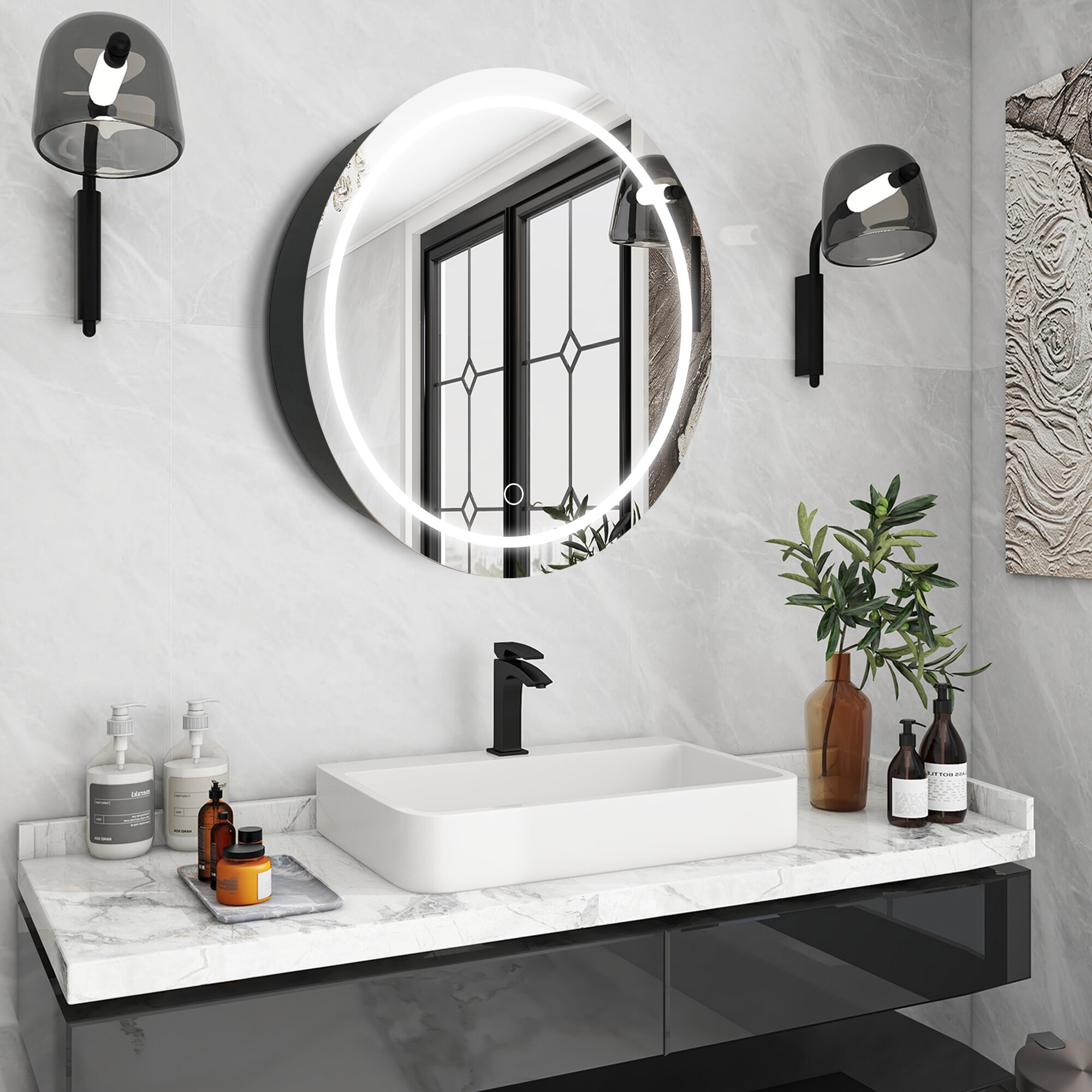 WELLFOR 26-in x 26-in Lighted LED Fog Free Surface Mount Silver Mirrored Round Medicine Cabinet
