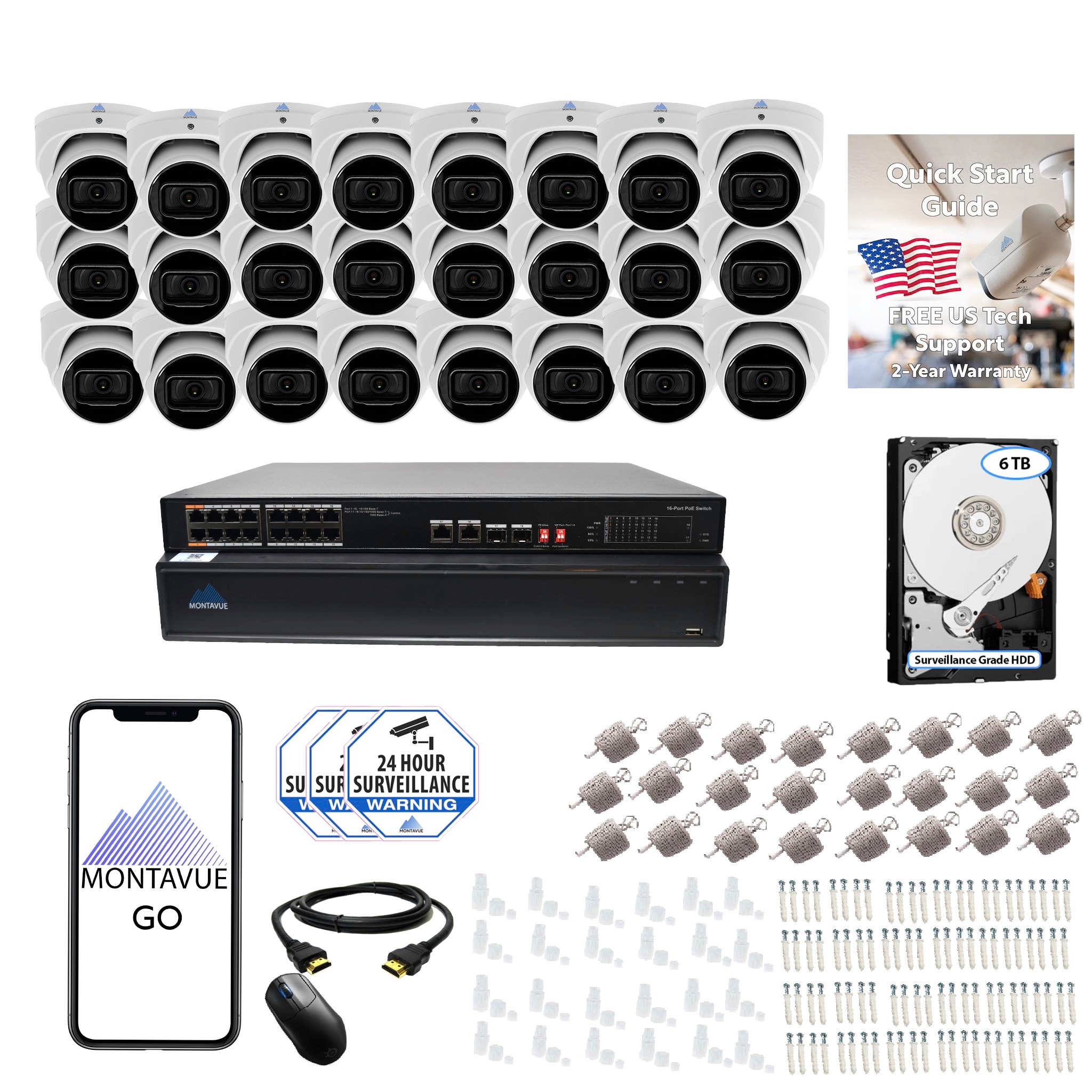 Montavue MTIP12326-244KT-W 8105 Indoor/Outdoor 24-Camera 4K Hardwired Dome 6Tb Hard Drive Security Camera System