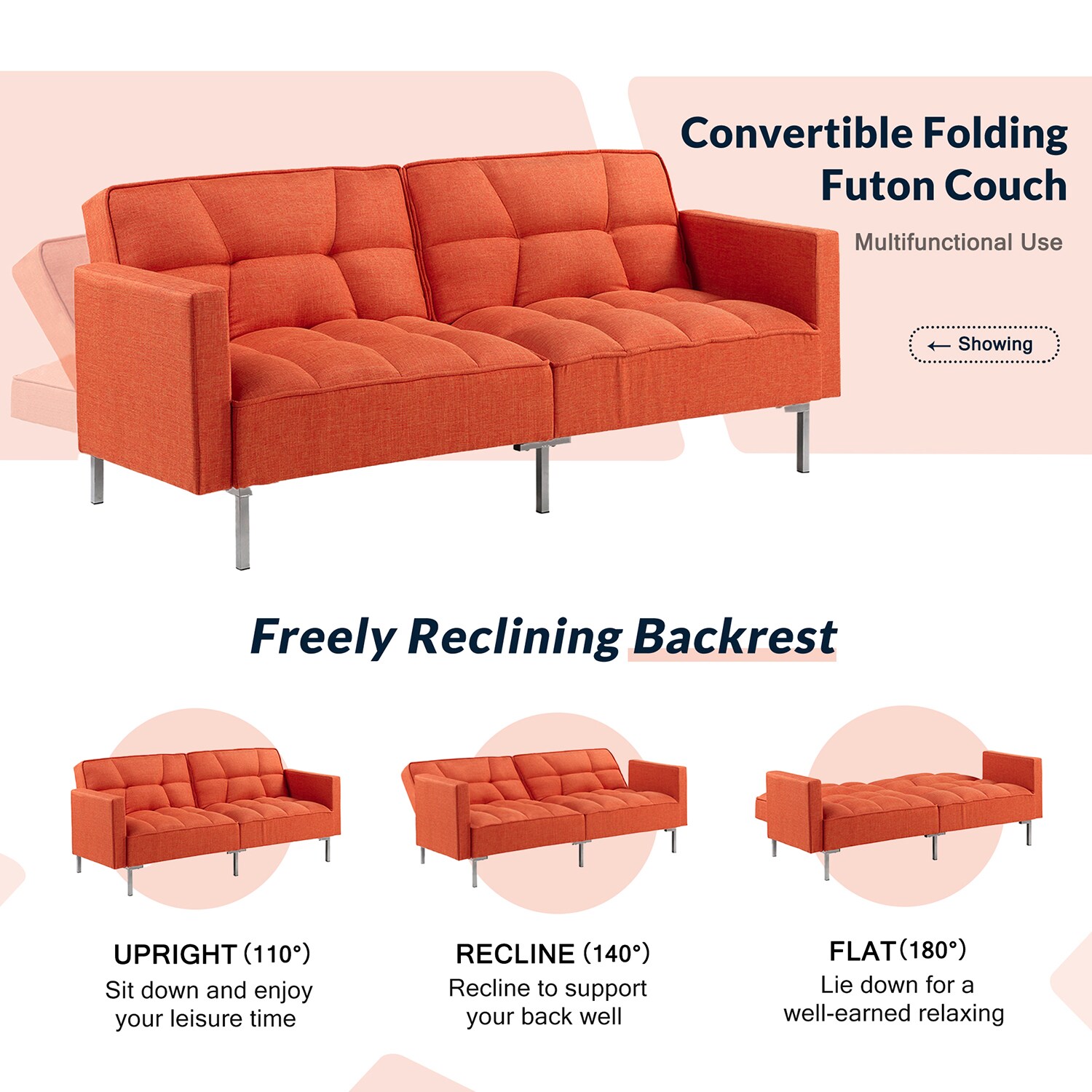 Bybafun 75.6-in Casual Orange Linen Sleeper In The Couches, Sofas ...