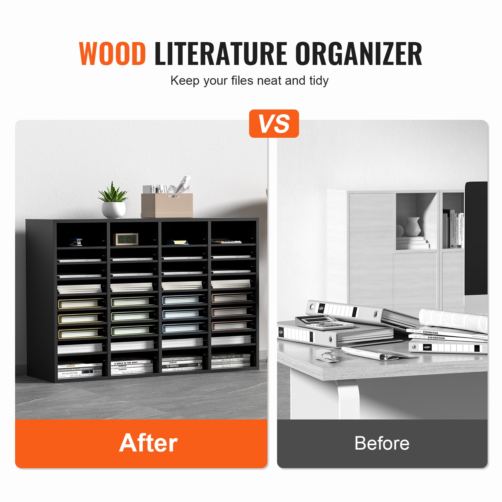 Black 36-Compartment Wood Literature Organizer