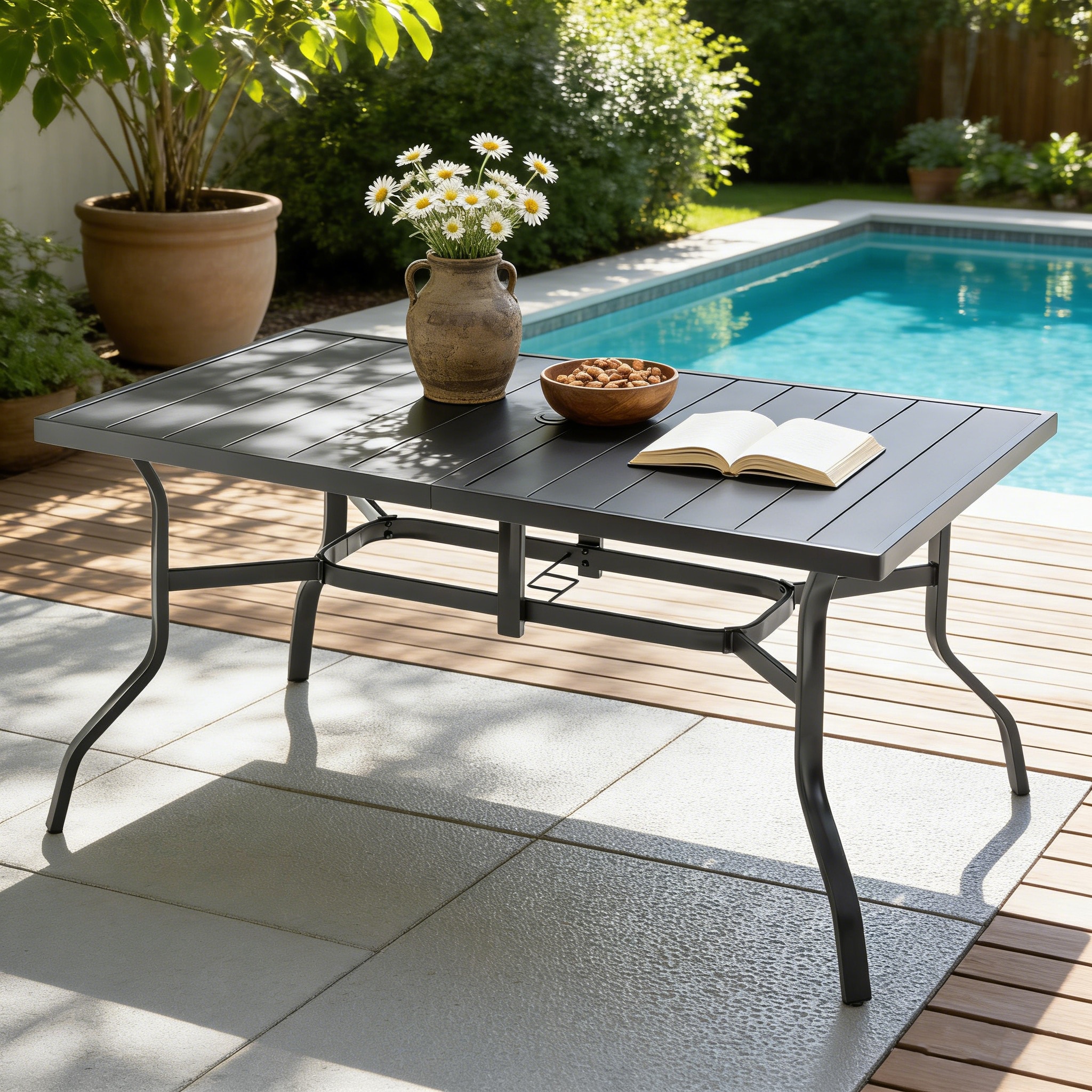 Hrinhom Dining Table Rectangle Outdoor End Table 37.79-in W x 57.48-in L with Umbrella Hole