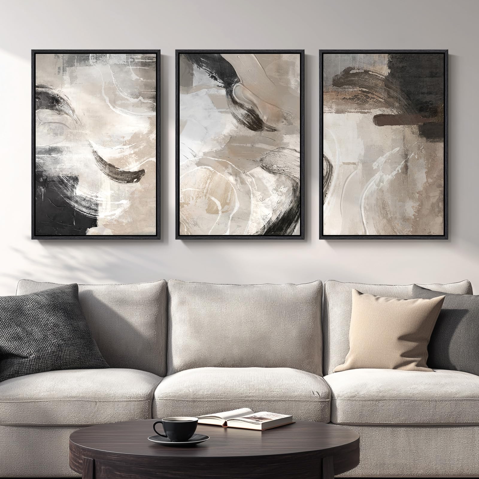 OMOMMD Framed Neutral Abstract Wall Art Set Modern Canvas Prints Geometric Minimalist Decor for Living Room Hallway Stair Office Bedroom