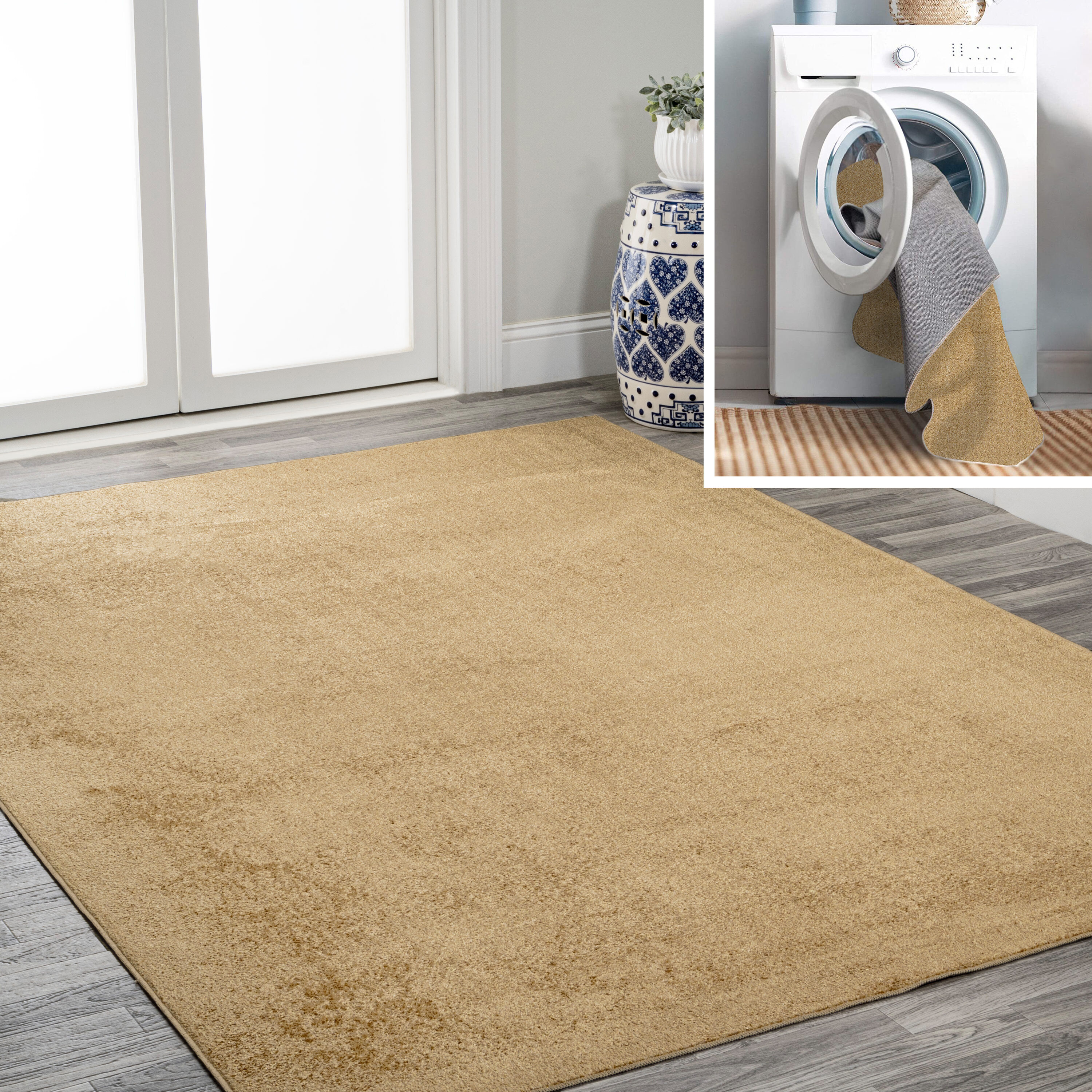 JONATHAN  Y WSH300G-5 WASHABLE Twyla Classic Solid Low-Pile 5 x 8 (ft) Loomed Polyester Yellow Rectangular Indoor Solid Coastal Machine washable Area rug