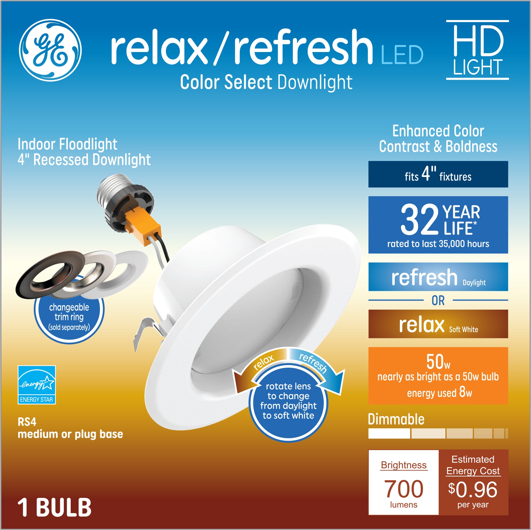 GE Relax/Refresh White 4-in 700-Lumen Switchable Round Dimmable LED  Recessed Downlight