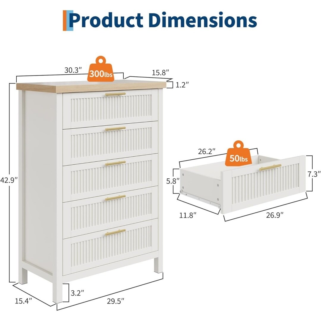 Garvee Fluted Dresser for Bedroom with 5 Drawers 42inch Tall Chest of ...