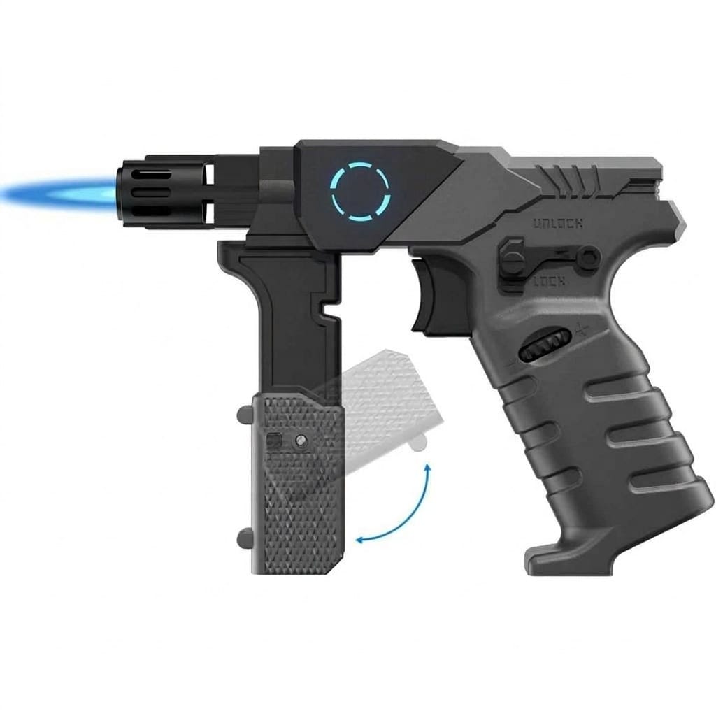 Etokfoks  Silver Metal Culinary Torch Lighter with Adjustable Flame Pulse Ignition Foldable Handle LED Indicator Light