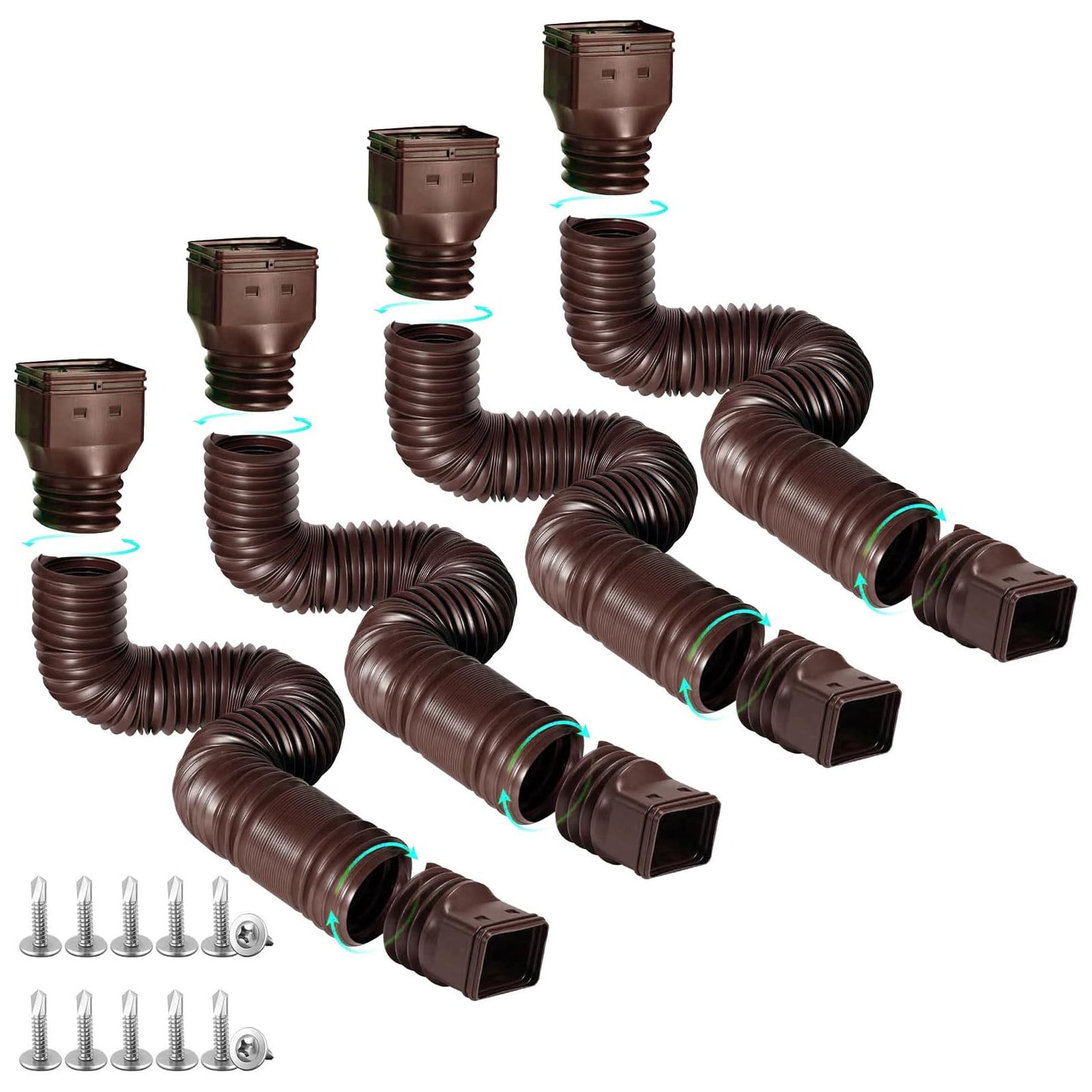 Misopily 4 Pack Rain Gutter Downspout Extensions Flexible PE Material Brown Extendable 21 to 68 Inches Includes 8 Adapters and 12 Screws