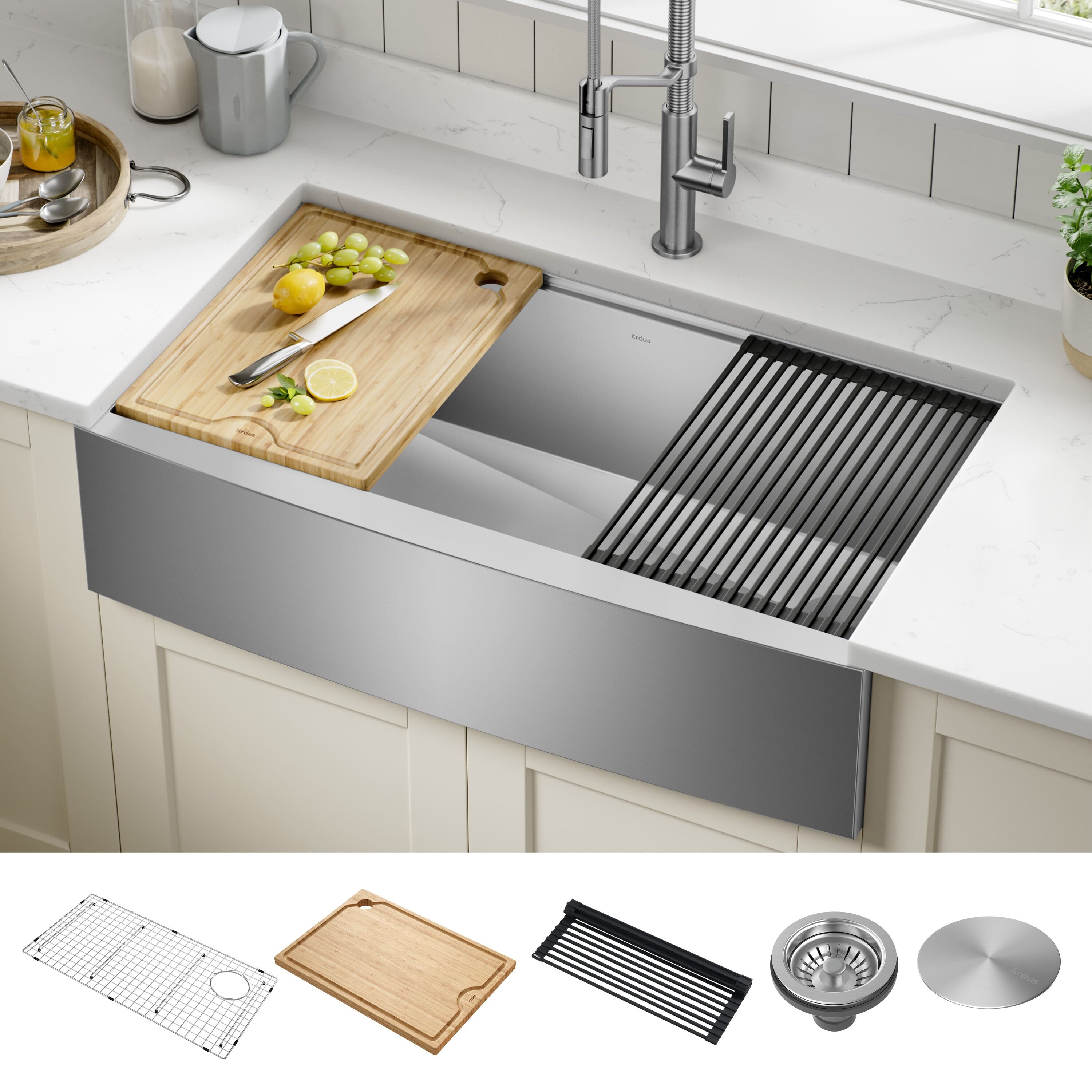 Kraus Kore Farmhouse apron front 35.88-in x 20.25-in Stainless steel Single bowl 16 -Gauge Workstation Kitchen Sink