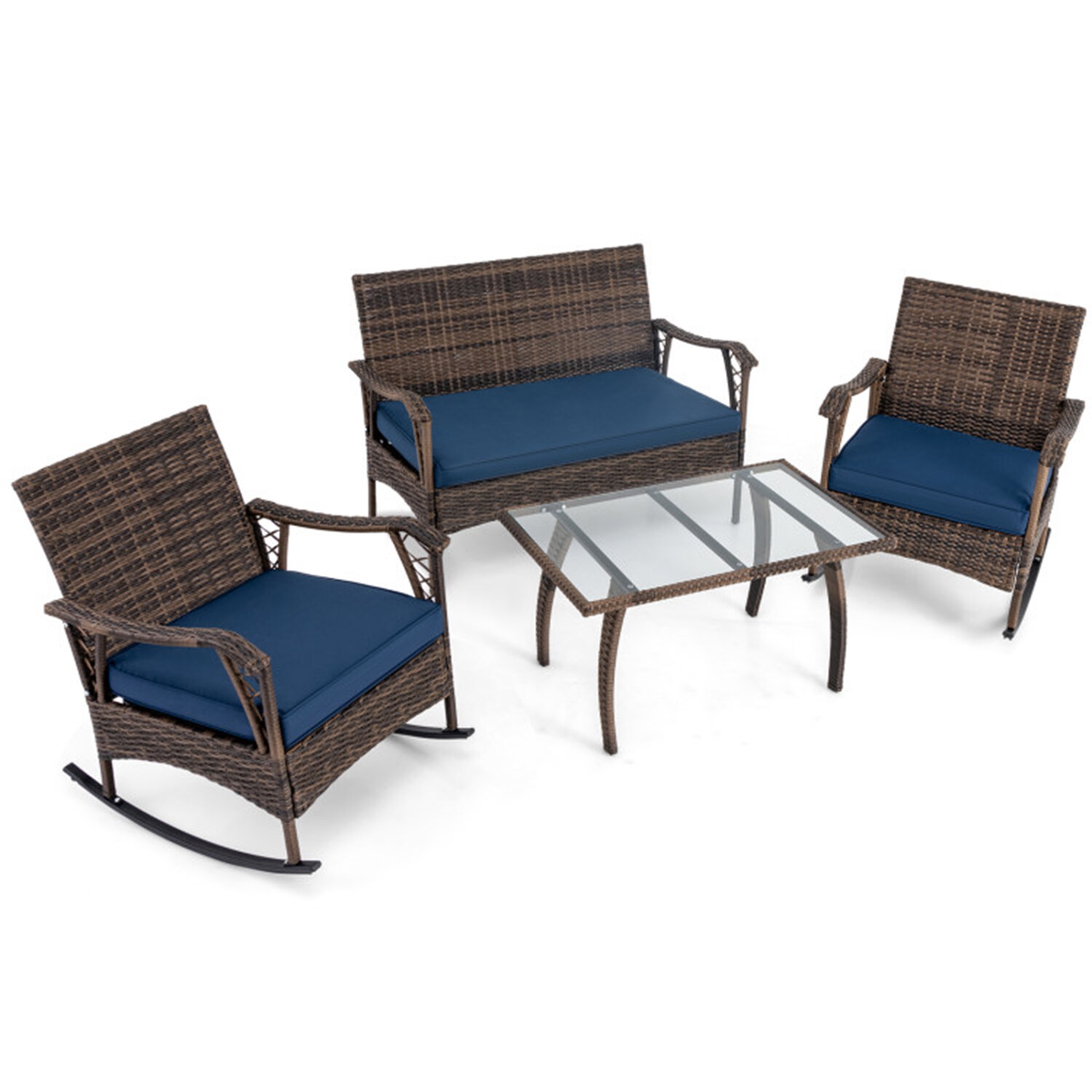 Mondawe MDP-0741 4 -Piece Rattan Patio Conversation Set with Blue Cushions