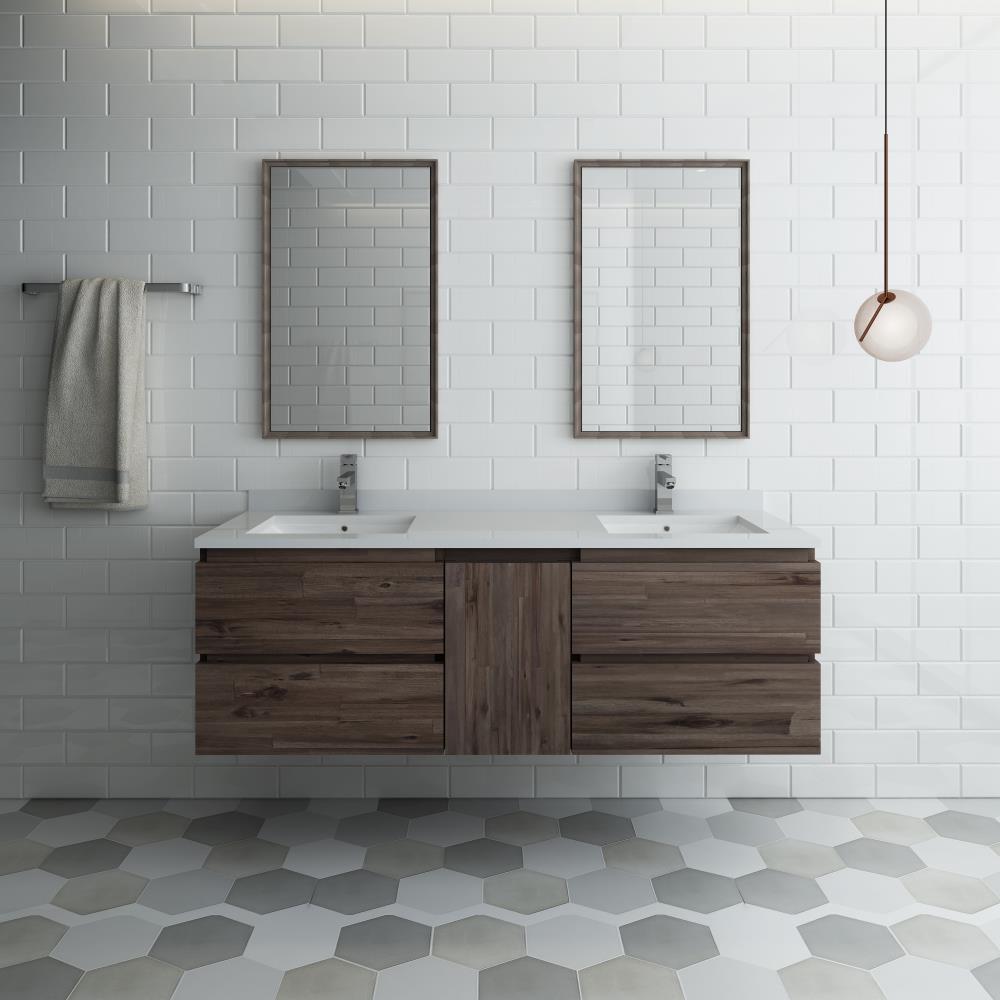 Elegant 60" Dual Sink Brown Quartz Wall-Mount Vanity Set