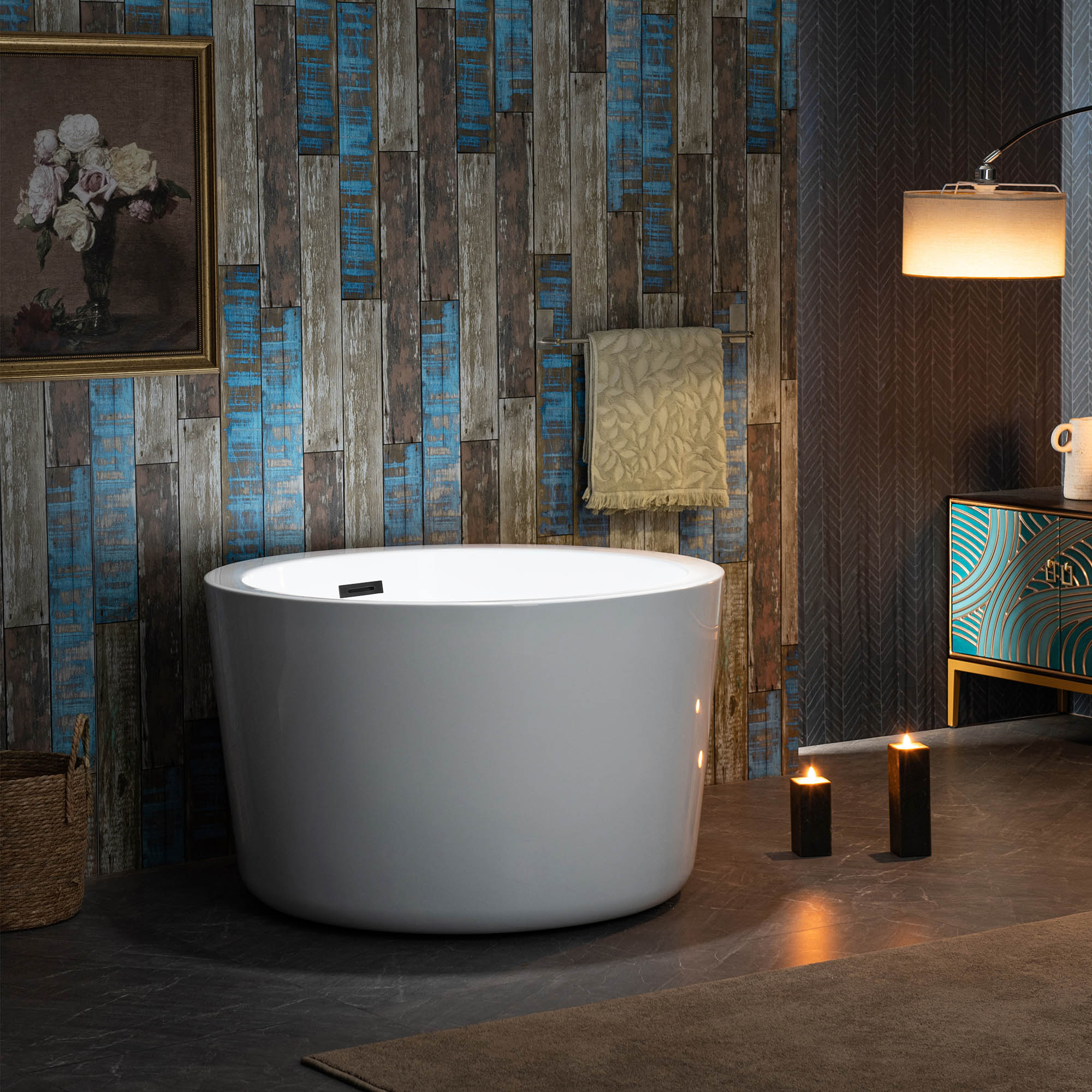 41'' Round White Acrylic Freestanding Bathtub with Matte Black Drain