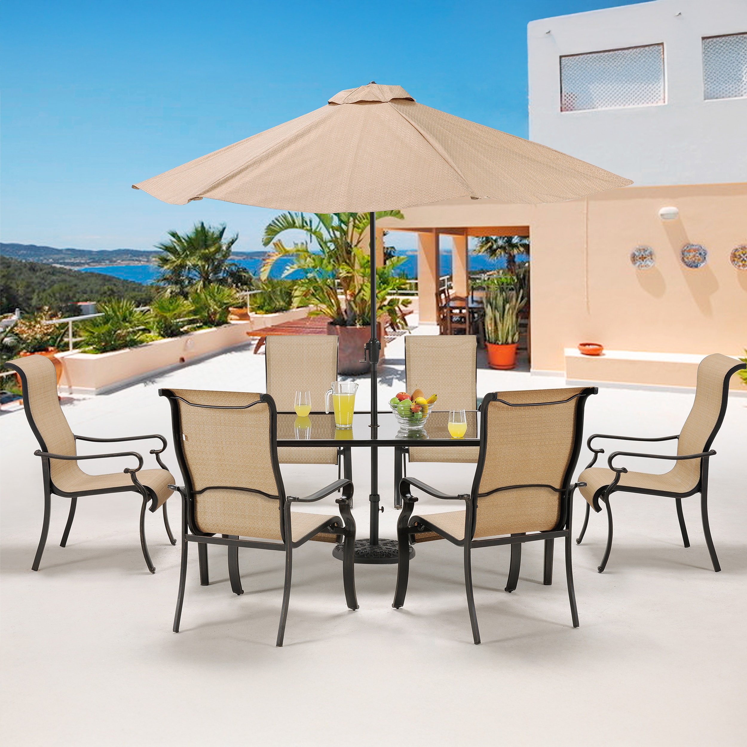 Hanover BRIGDN7PC-GLS-SU Brigantine 8 -Piece Espresso Bean Patio Dining Set Aluminum Rectangle Table with 6 Tan Stationary Chairs and Umbrella Included
