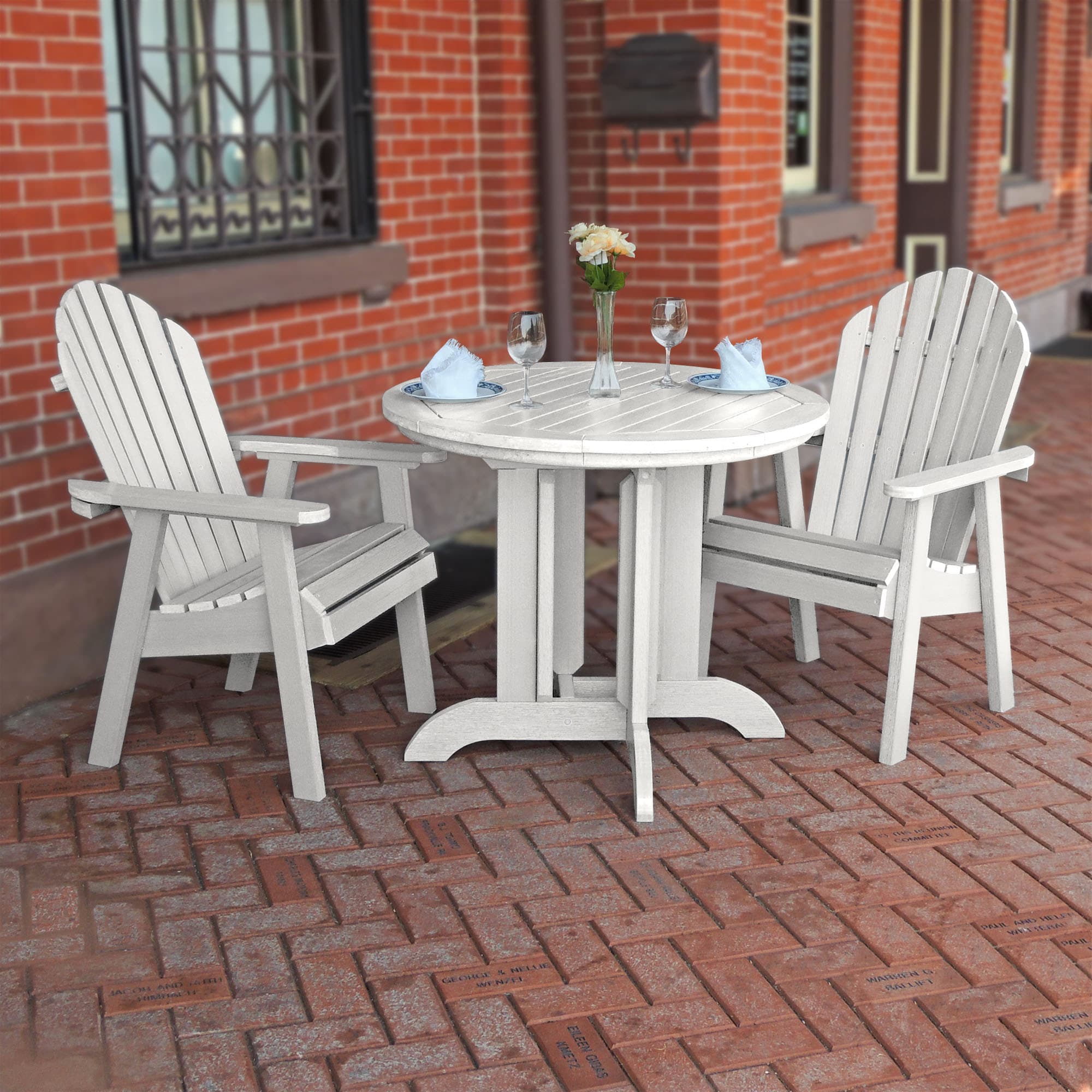 highwood CM-ST3SQD1-WHE Sequoia Professional 3 -Piece White Patio Dining Set Plastic Round Table with 2 Stationary Chairs