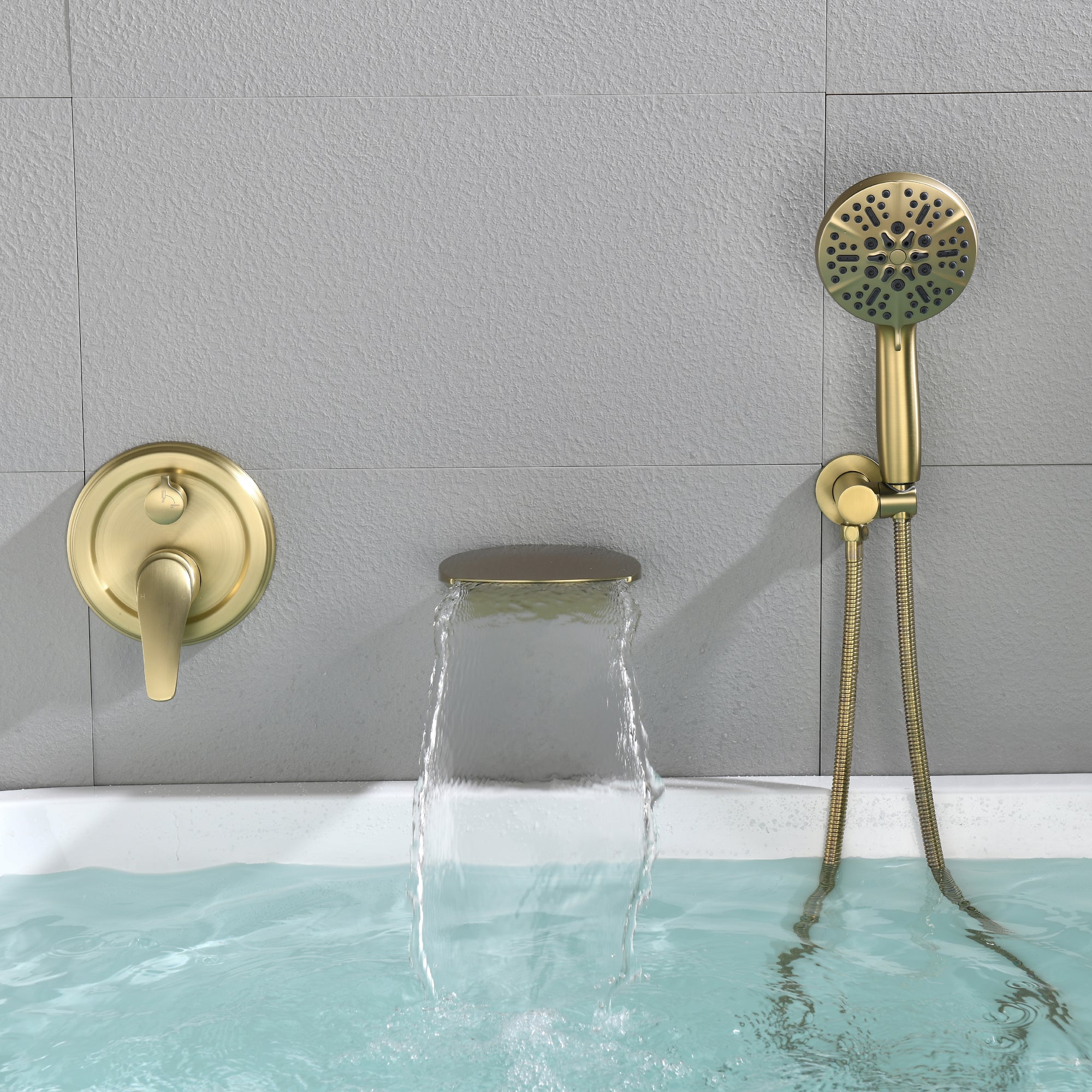 Boyel Living Wall Mount Single Handle 7 Spray Tub and Shower Faucet with Handheld Shower Head in Brushed Gold Valve Included