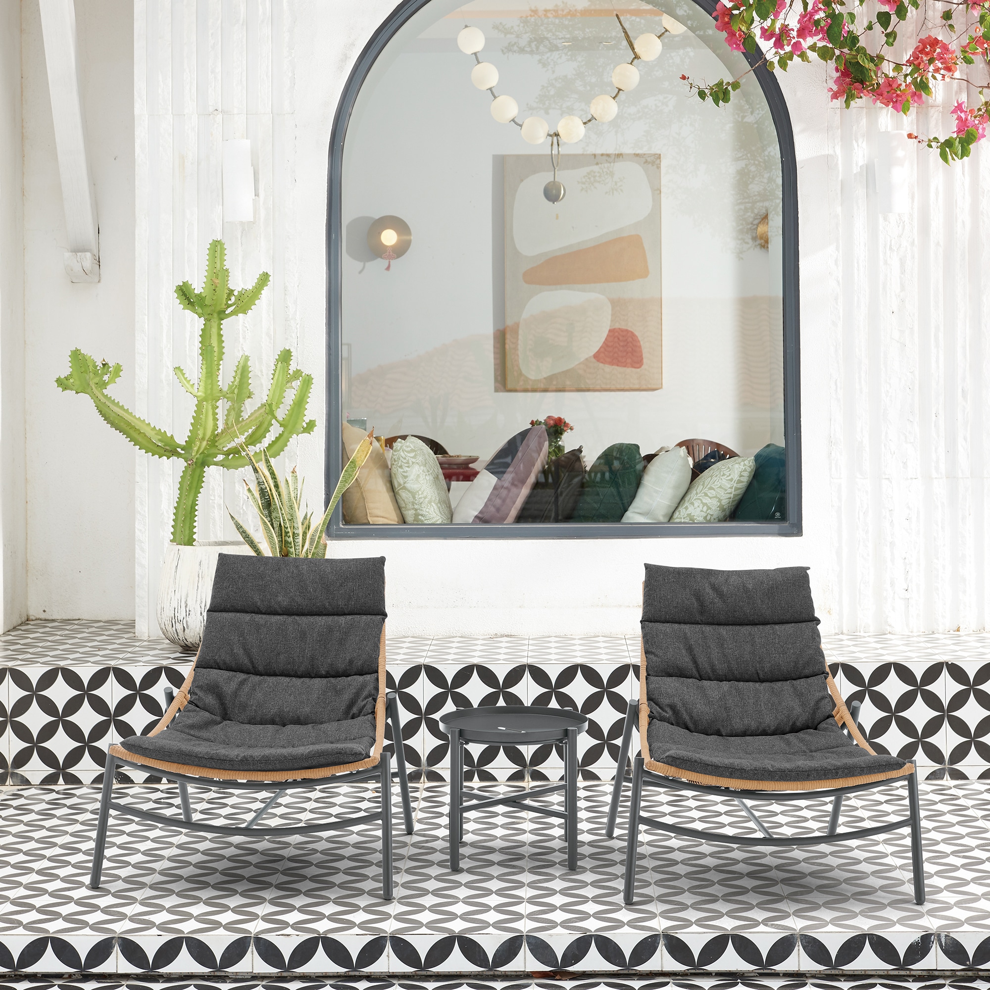Manhattan Comfort OD-CV021-GY Benson 3 -Piece Patio Conversation Set with Gray Cushions