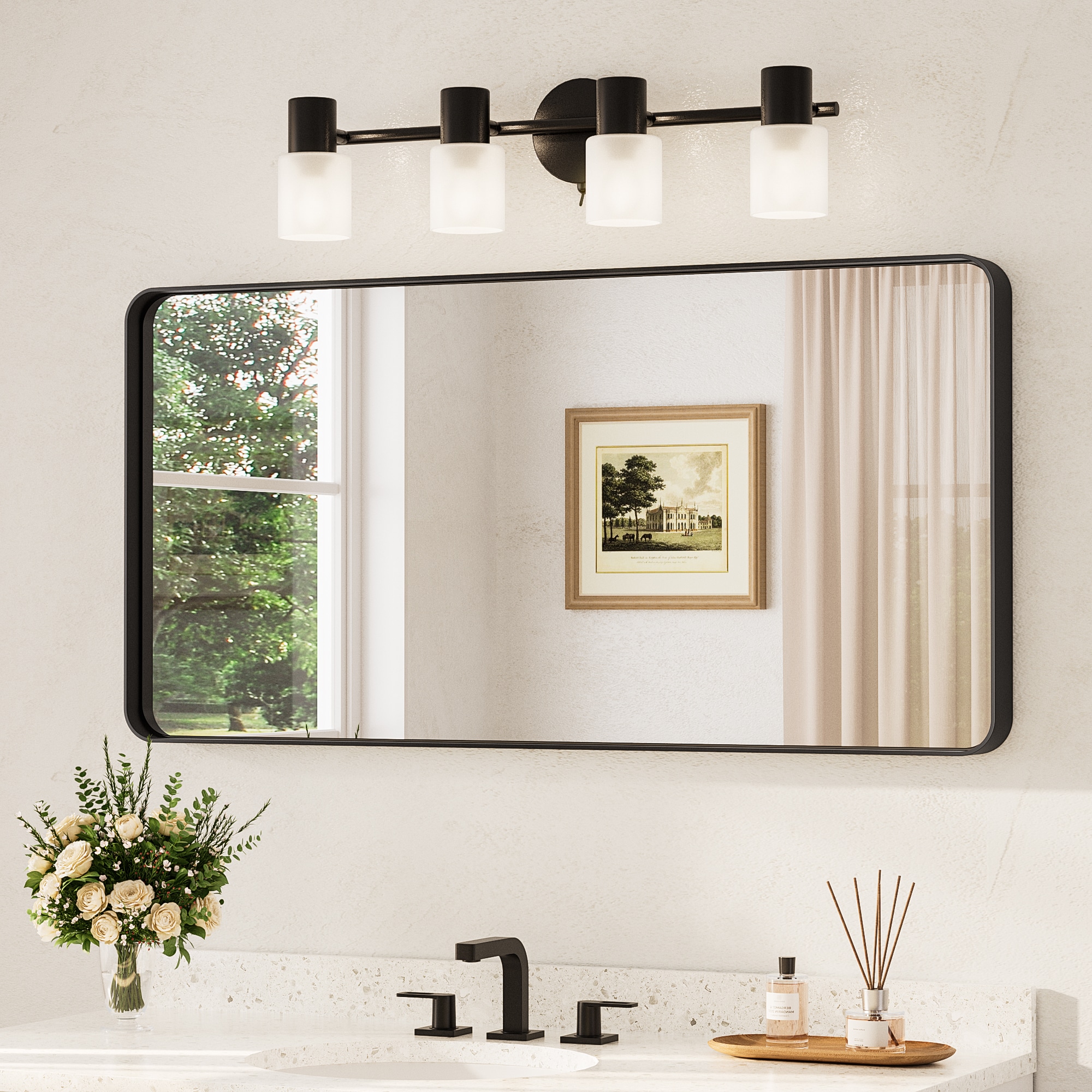 TETOTE 48x24 Inch Matte Black Bathroom Vanity Mirror Tempered Glass Metal Framed Over Sink Horizontal/Vertical