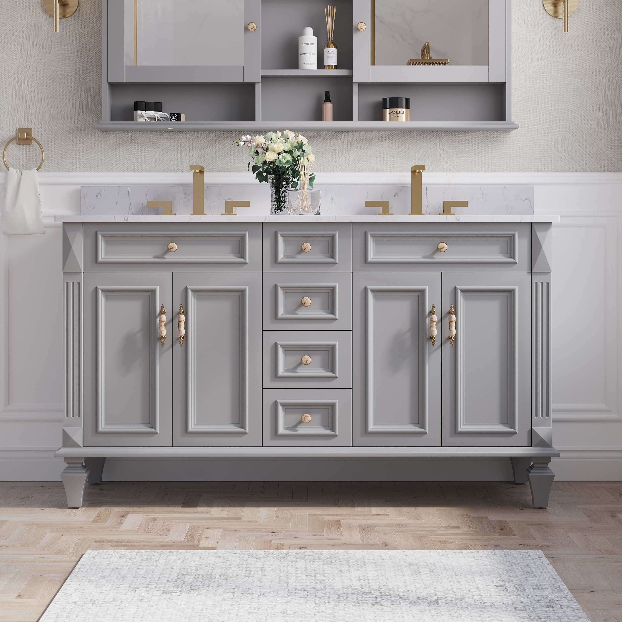 Forclover MF01-60TG Solid Wood Bathroom Vanity 60-in Gray Undermount Double sink Bathroom Vanity with White Quartz Top