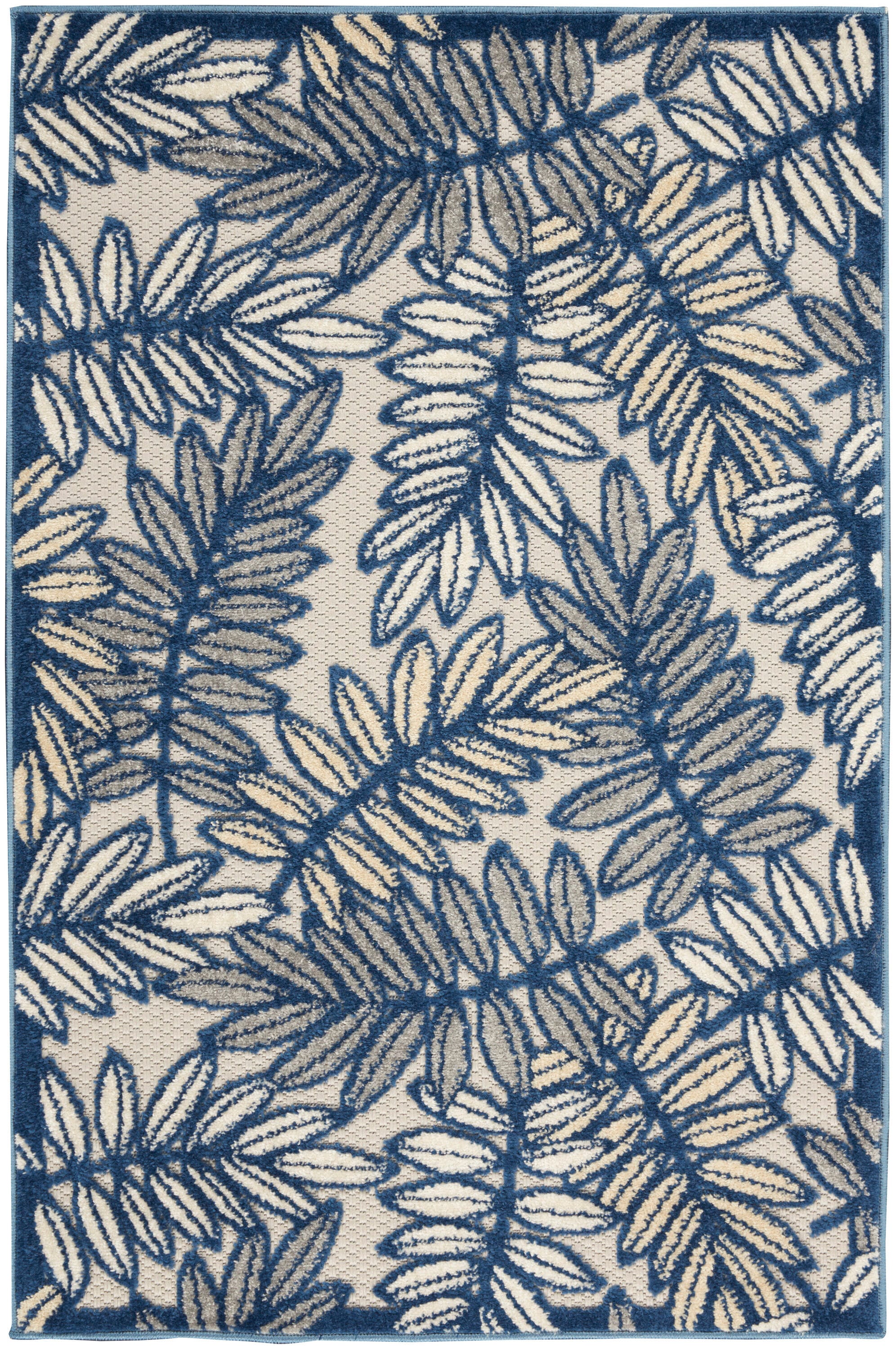 Nourison 099446827739 Aloha 3 x 4 (ft) Loomed Polypropylene Ivory/Navy Rectangular Indoor/Outdoor Floral/Botanical Tropical Area rug