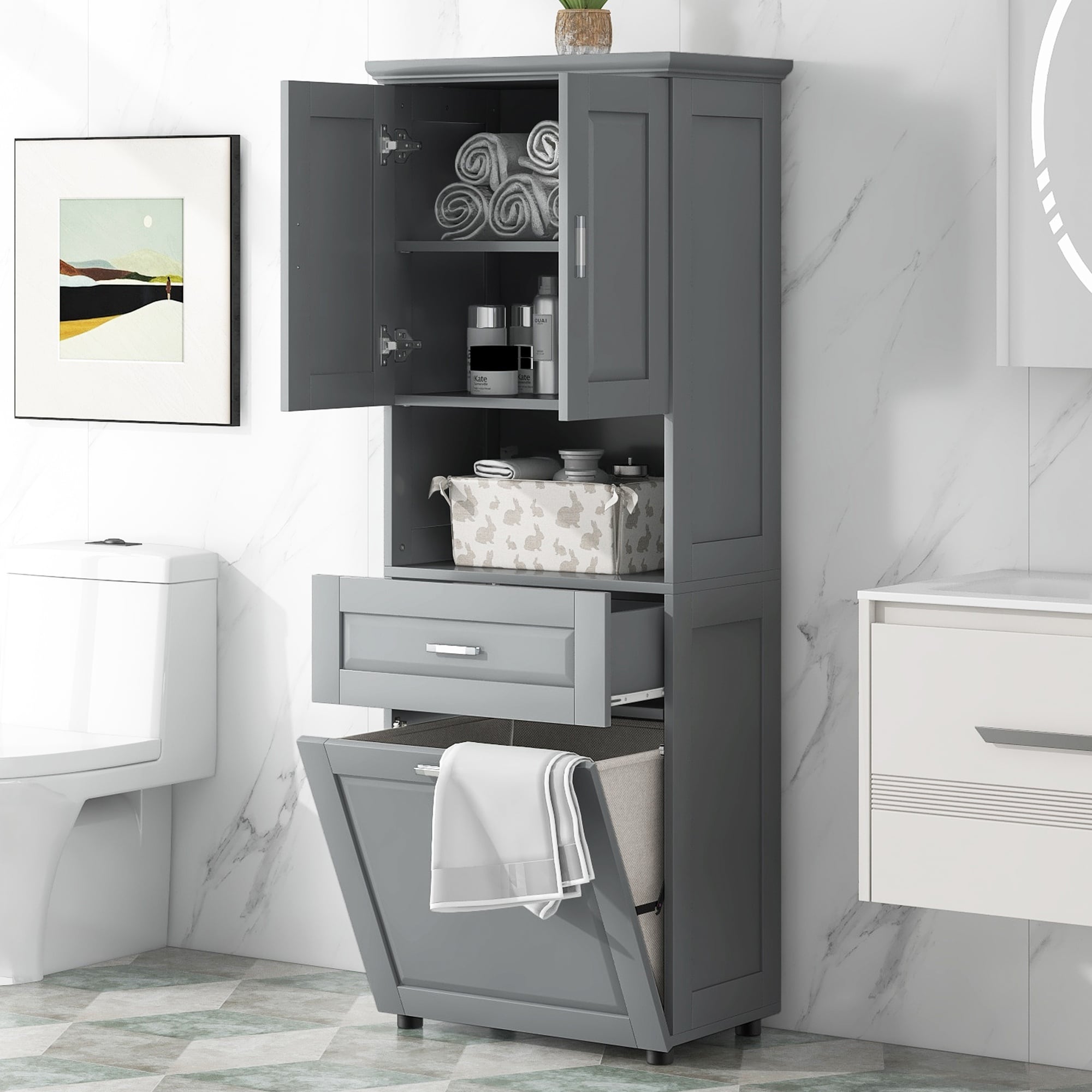 LIVACA 70 inch Grey MDF Tall Bathroom Cabinet with Laundry Basket and Large Storage Space