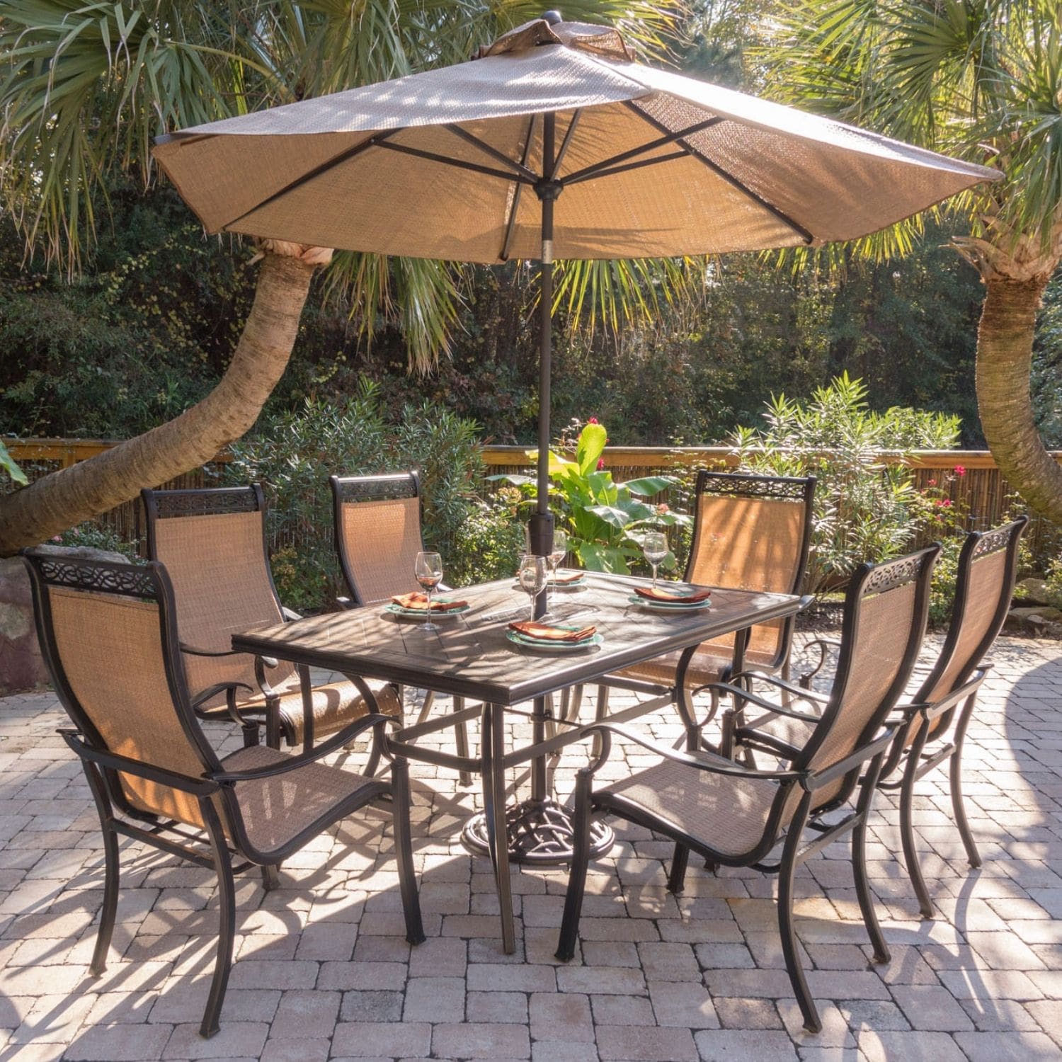 Hanover MONDN7PC-SU Monaco 8 -Piece Bronze Patio Dining Set Aluminum Rectangle Table with 6 Tan Stationary Chairs and Umbrella Included
