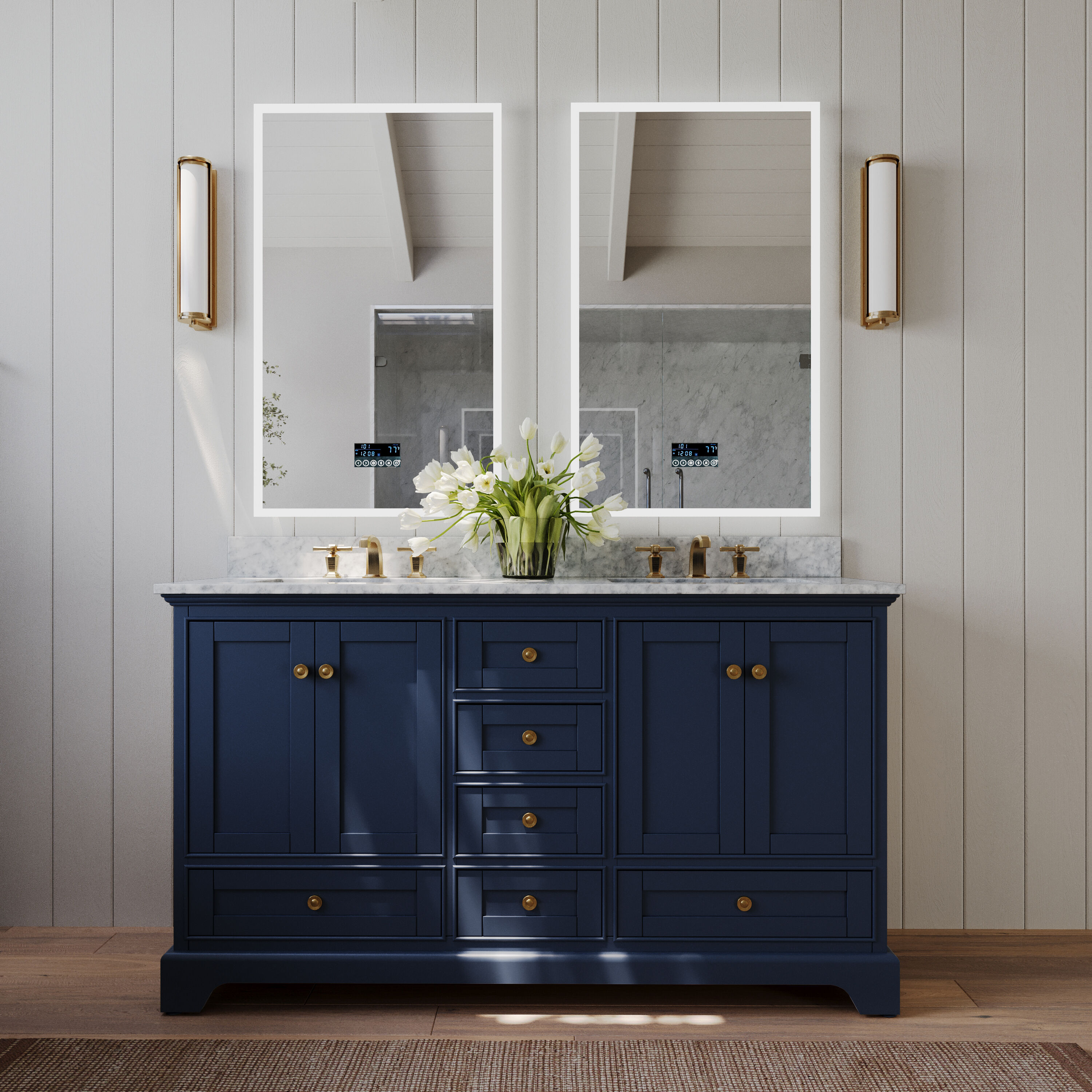 Ancerre Designs VTSAUDREY60HBCWGD Audrey 60-in Heritage Blue Undermount Double sink Bathroom Vanity with Carrara White Natural marble Top