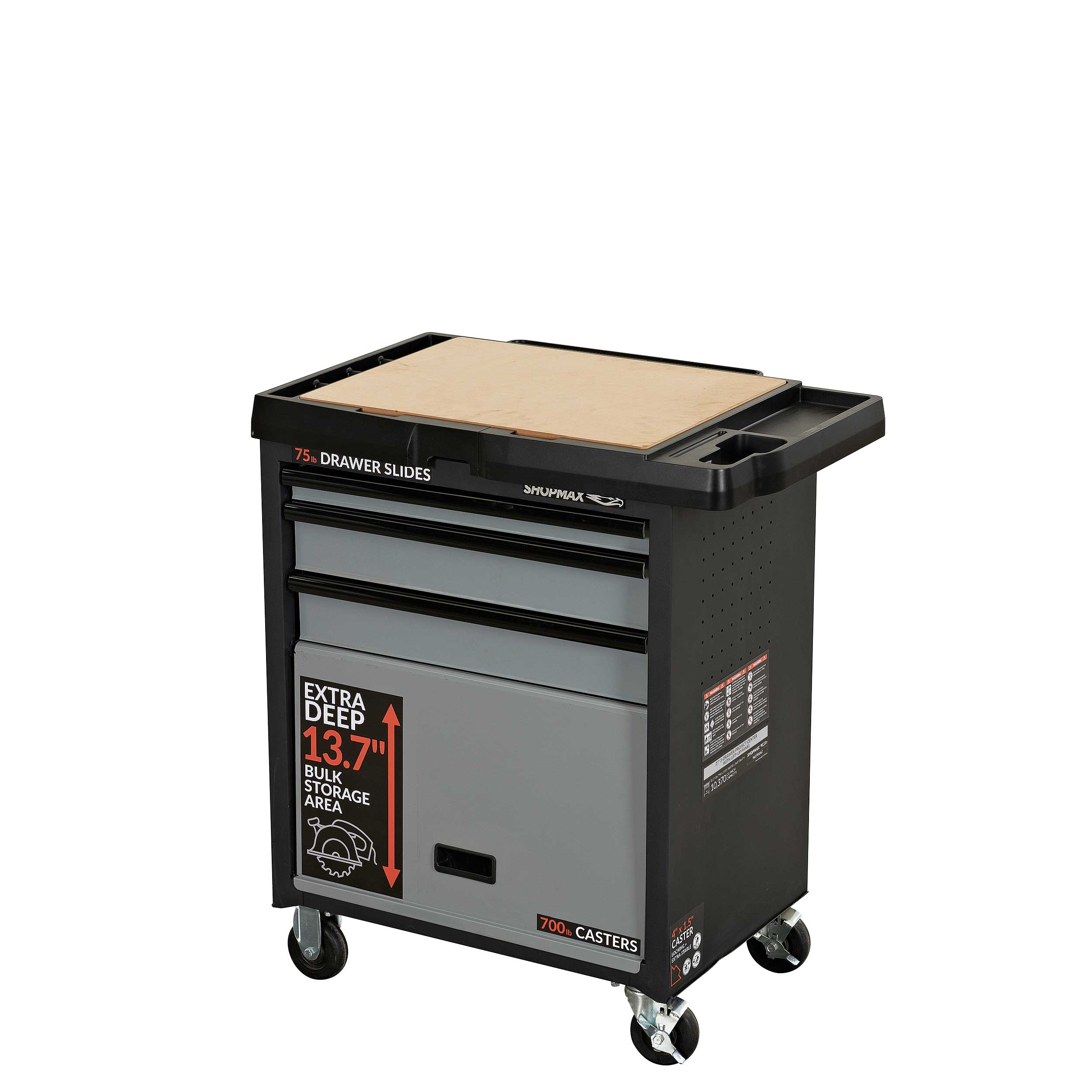 SHOPMAX 962703A2 26.71-Inches L x 35.96-Inches H 3 -Drawers Rolling Black Wood Work Bench